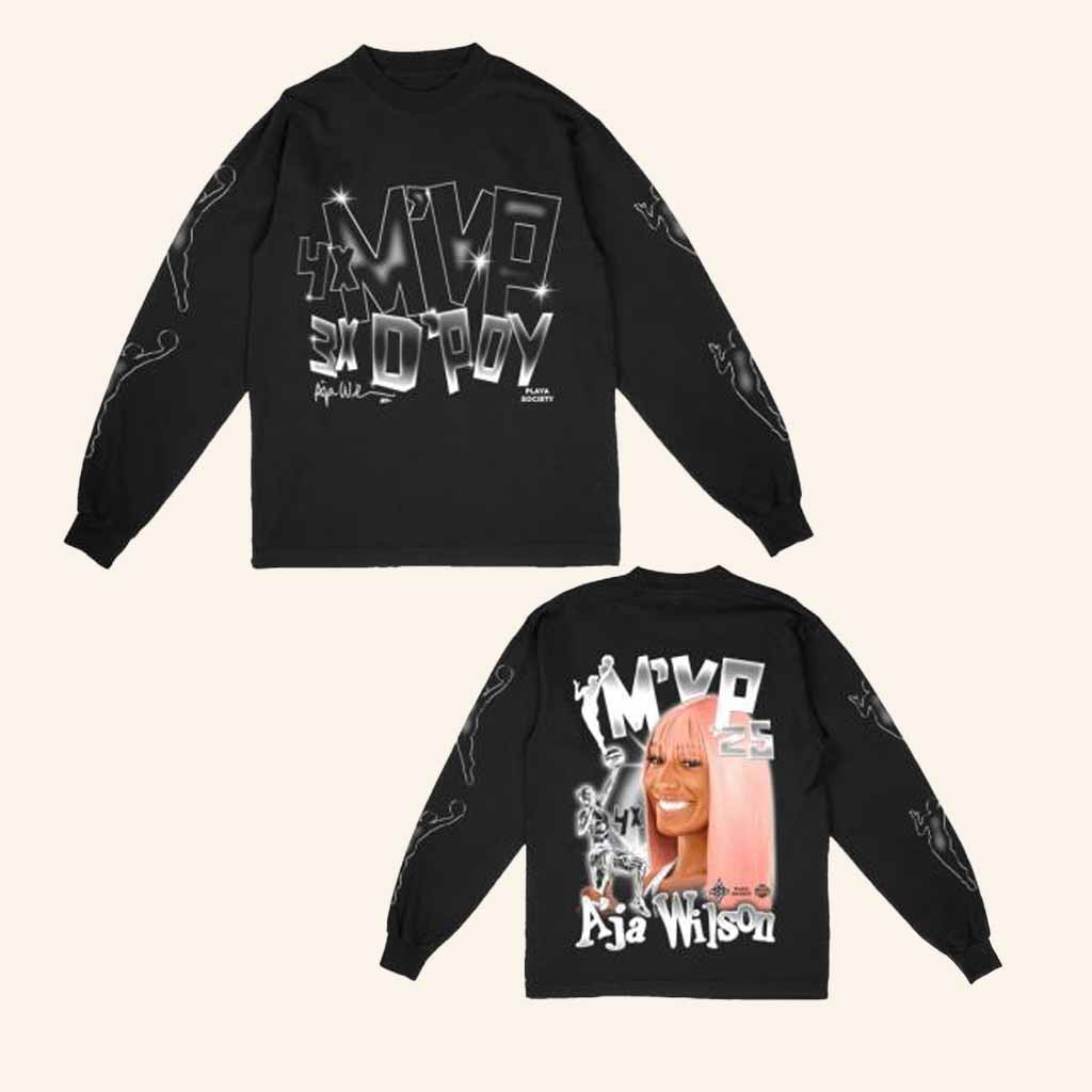 Playa Society Merch WNBA MVP 2025 A'ja Wilson Long Sleeve Shirt Gift For Basketball Fans-1 Playa Society Merch WNBA MVP 2025 A'ja Wilson Long Sleeve Shirt Gift For Basketball Fans-1
