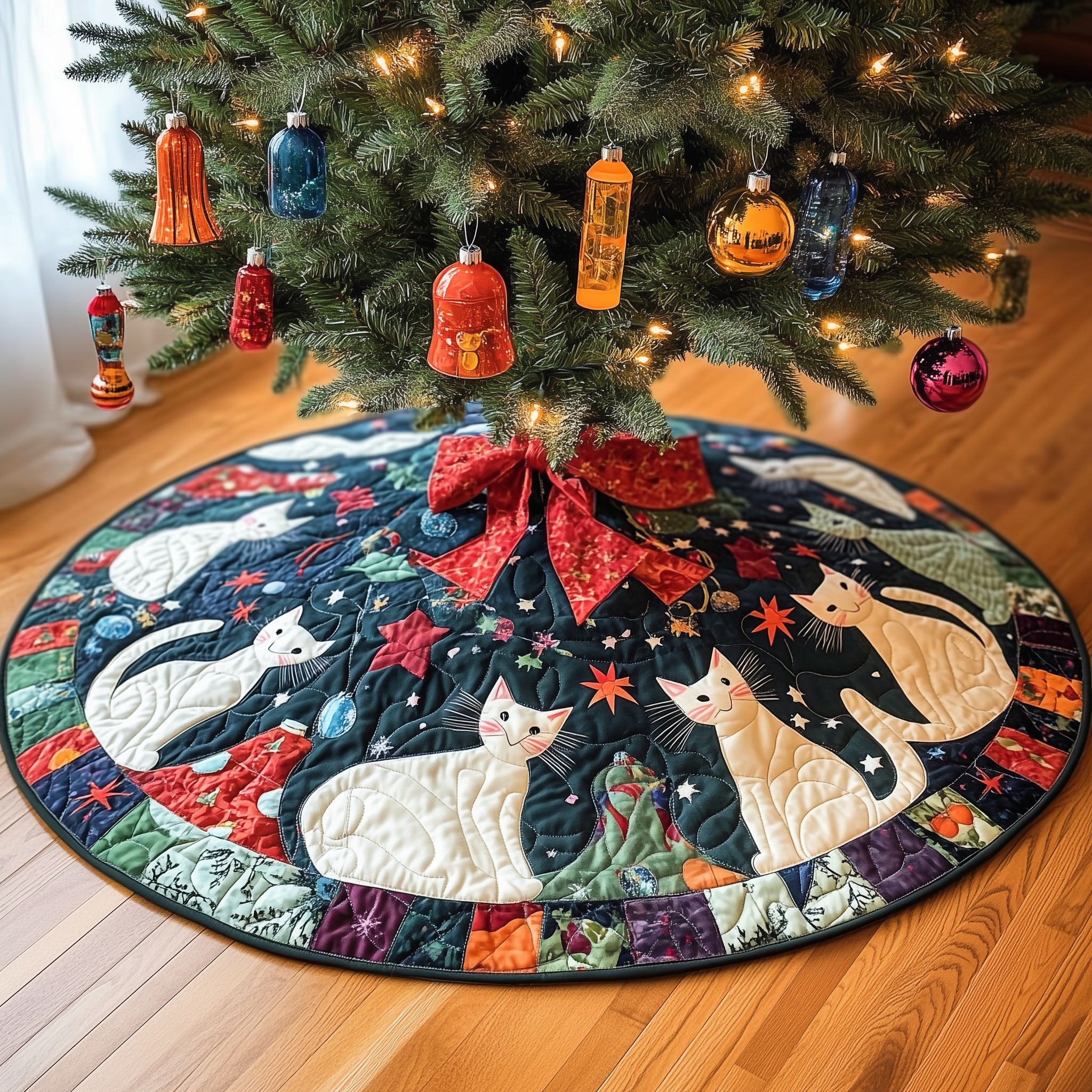 Playful Cat Quilted Tree Skirt Holiday Christmas Gifts For Cat Lovers Owners-1 Playful Cat Quilted Tree Skirt Holiday Christmas Gifts For Cat Lovers Owners-1