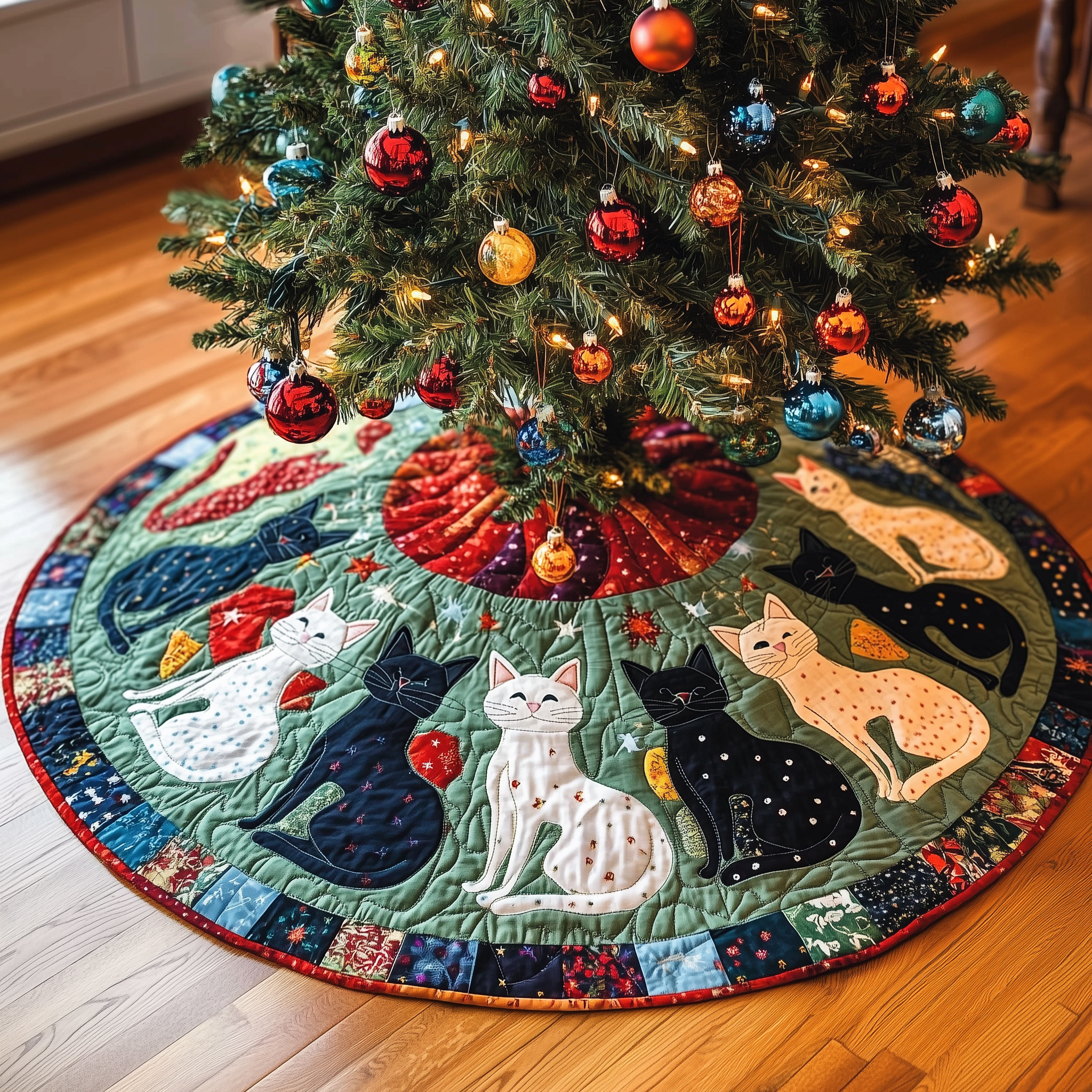 Playful Cat Quilted Tree Skirt  Holiday Tree Skirt Xmas Decorations Cat Christmas Gifts For Her-1 Playful Cat Quilted Tree Skirt  Holiday Tree Skirt Xmas Decorations Cat Christmas Gifts For Her-1