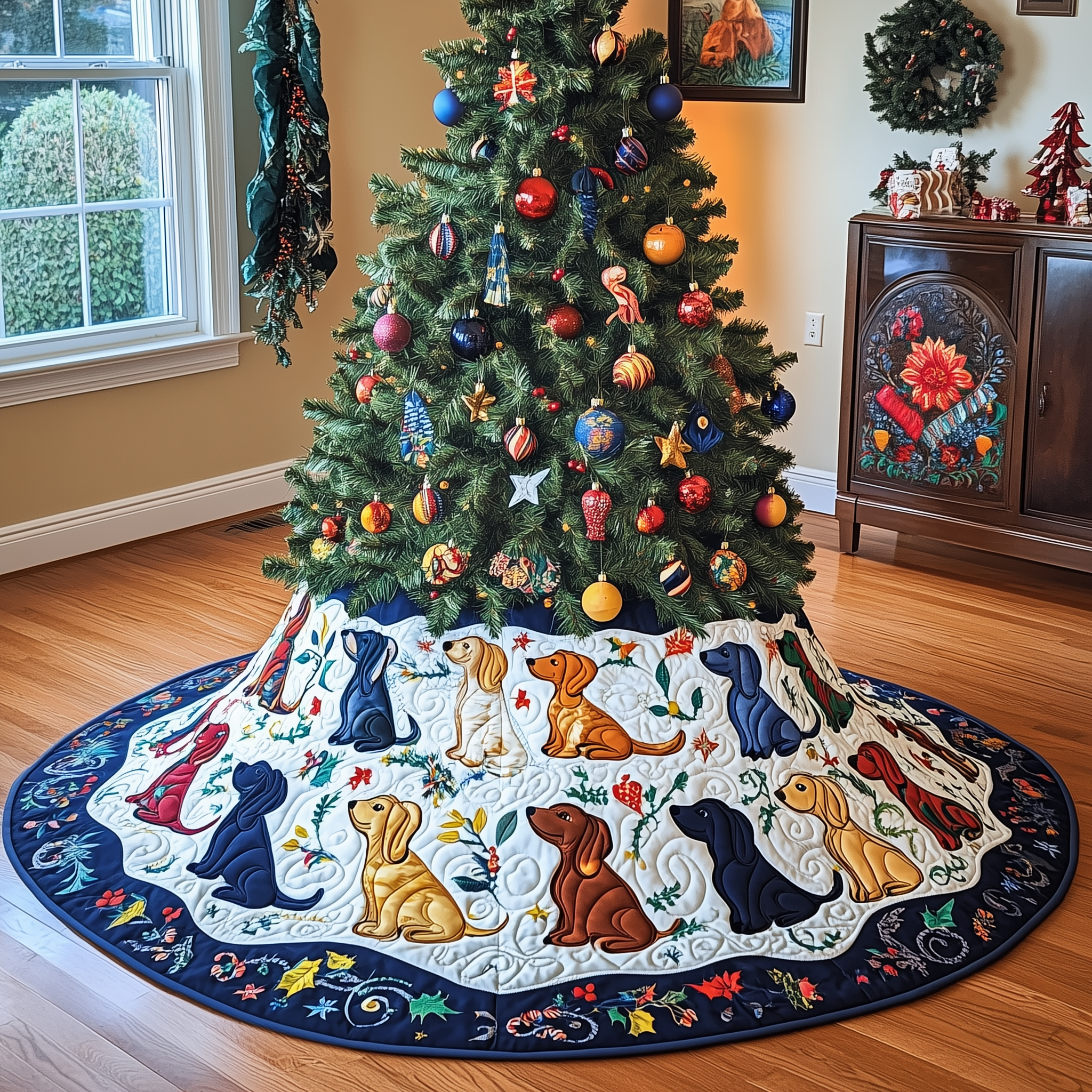 Playful Dachshund Quilted Tree Skirt Cute Sausage Dog Wiener Dog Christmas Decorations-1 Playful Dachshund Quilted Tree Skirt Cute Sausage Dog Wiener Dog Christmas Decorations-1
