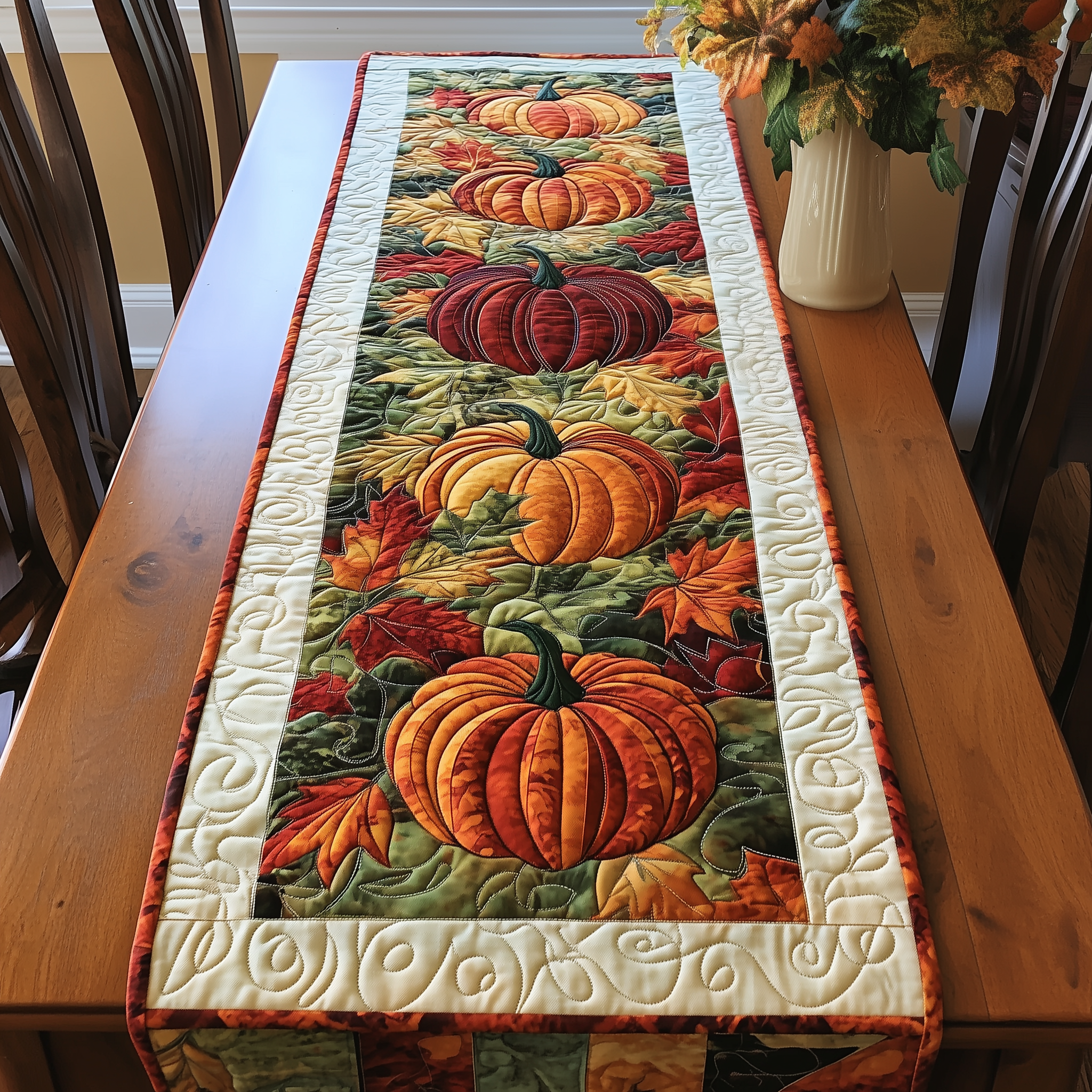 Pumpkin Quilted Table Runner Holiday Dining Table Runner Autumn Fall Decorations Presents-1