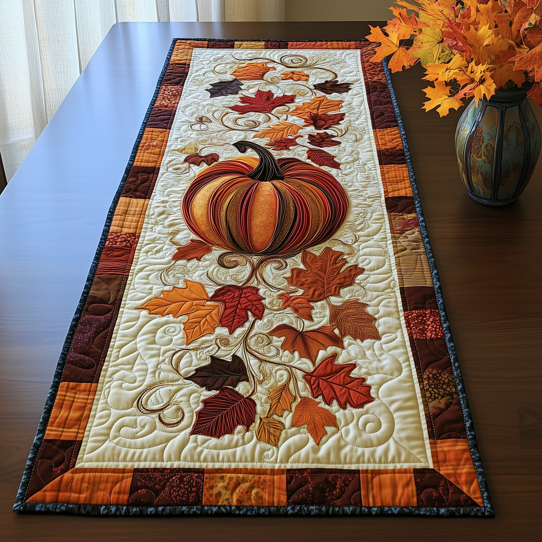 Pumpkin Quilted Table Runner Holiday Dining Table Runner Theme Autumn Fall Decorations-1
