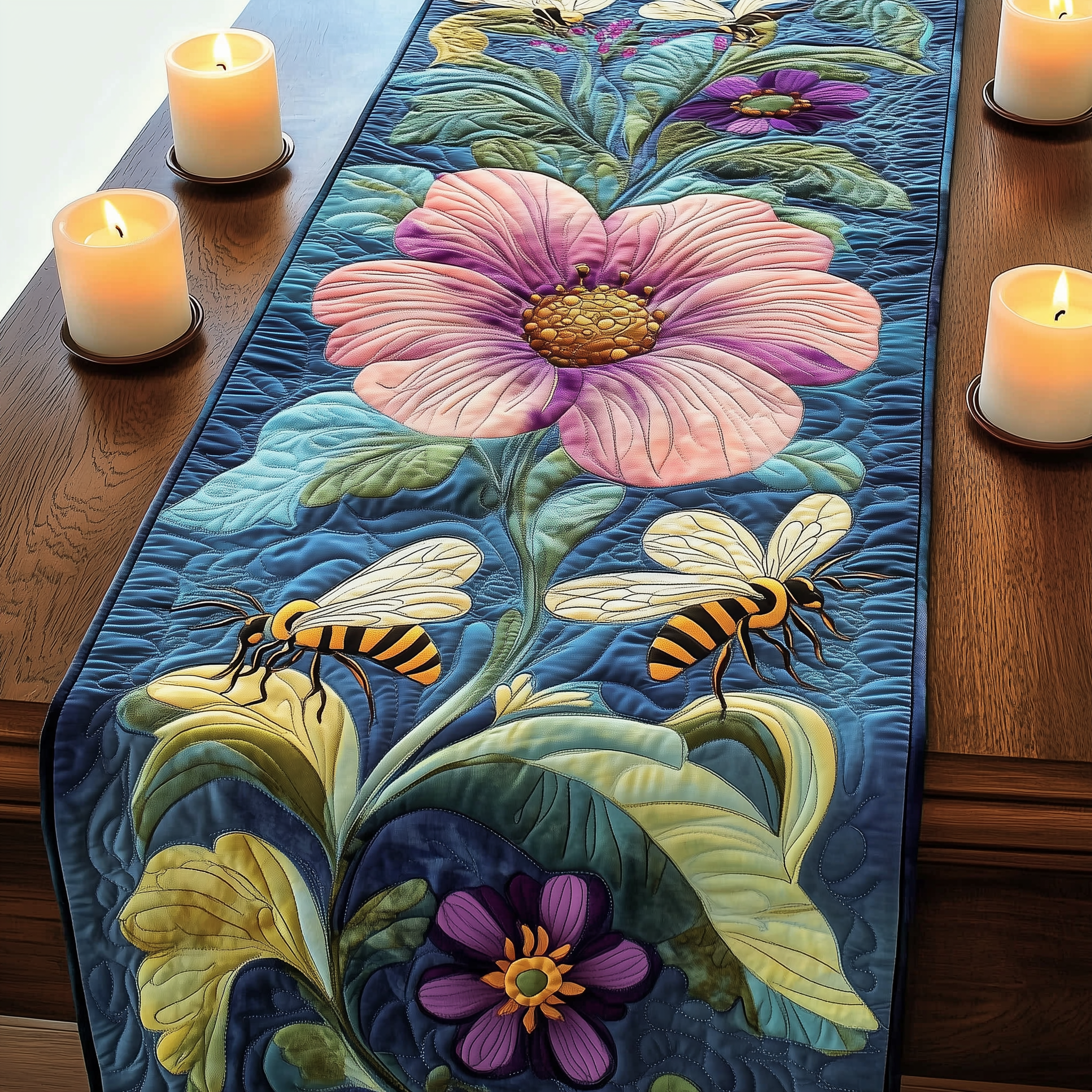 Radiant Bees in Bloom Quilted Table Runner Bee Gifts For Her-1 Radiant Bees in Bloom Quilted Table Runner Bee Gifts For Her-1