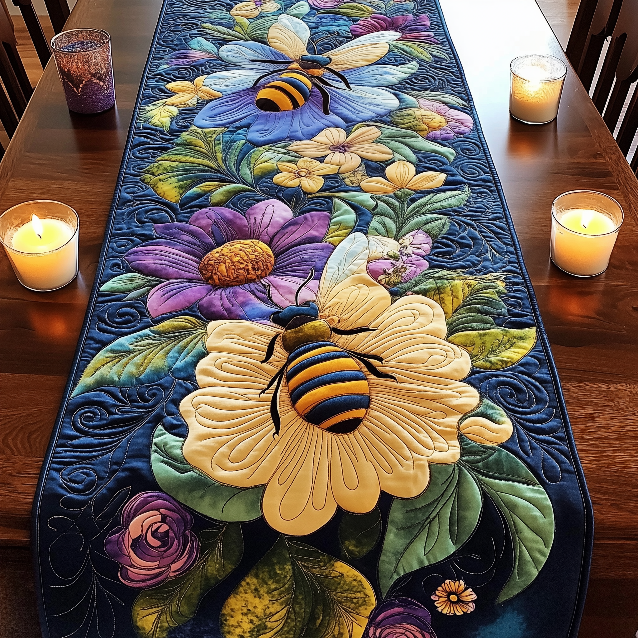 Radiant Bees in Bloom Quilted Table Runner Gifts For Bee Lovers-1 Radiant Bees in Bloom Quilted Table Runner Gifts For Bee Lovers-1