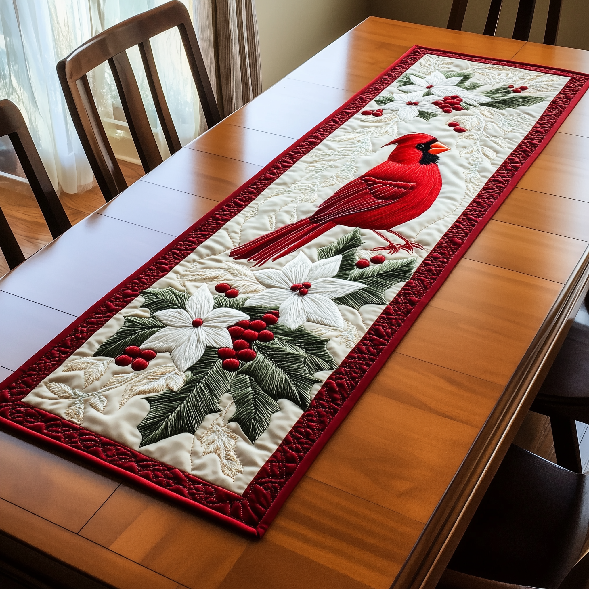 Red Cardinal Quilted Table Runner Holiday Dining Table Runner Christmas Cardinal Gifts For Friend-1