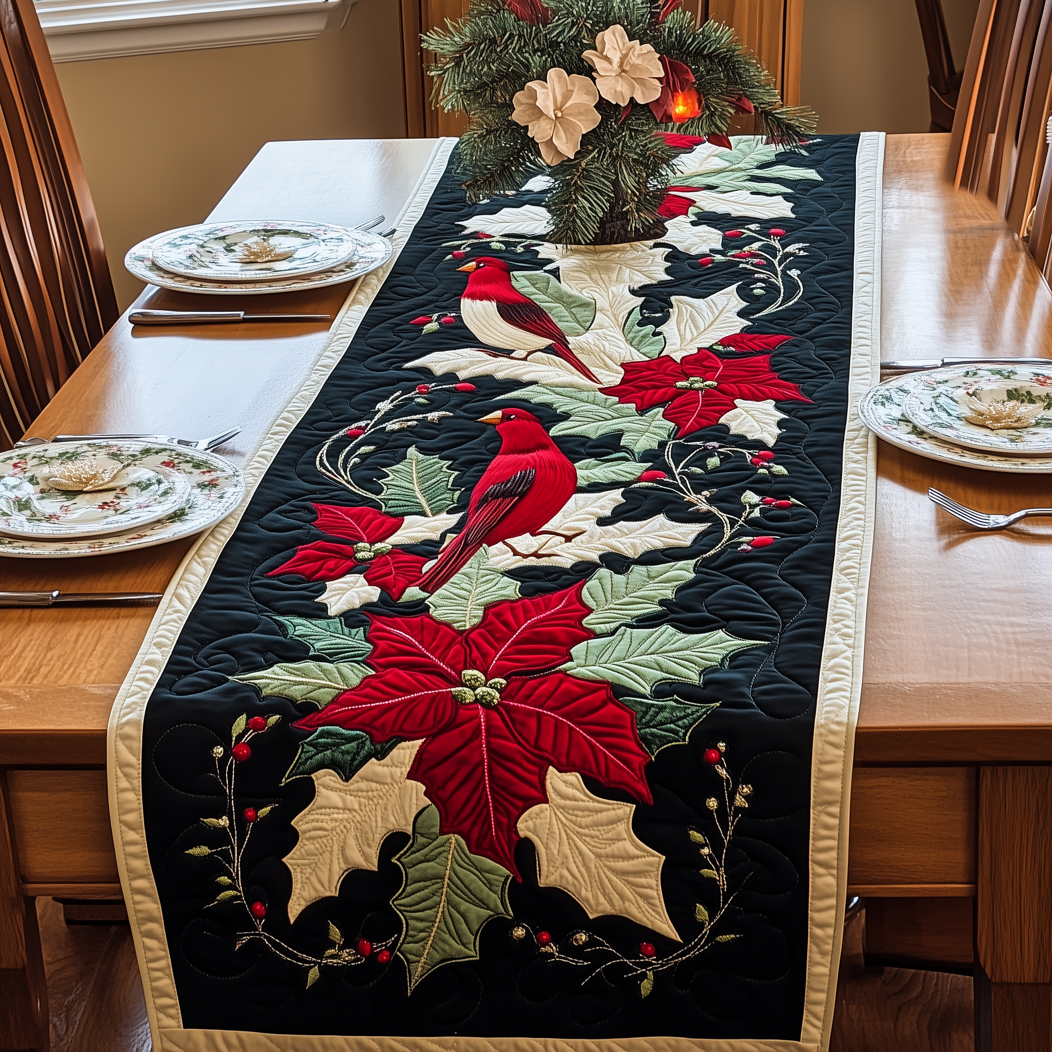 Red Cardinal Quilted Table Runner Modern Dining Holiday Table Cardinal Christmas Decor-1