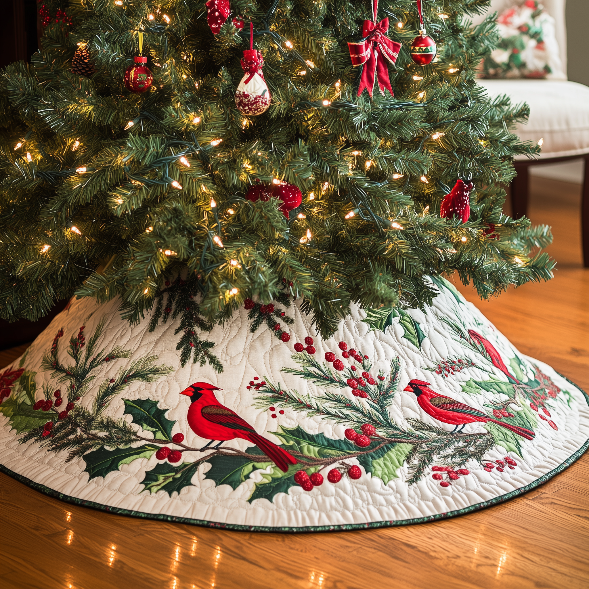 Red Cardinal Quilted Tree Skirt  Holiday Tree Skirt Xmas Indoor Cardinal Christmas Decorations-1 Red Cardinal Quilted Tree Skirt  Holiday Tree Skirt Xmas Indoor Cardinal Christmas Decorations-1