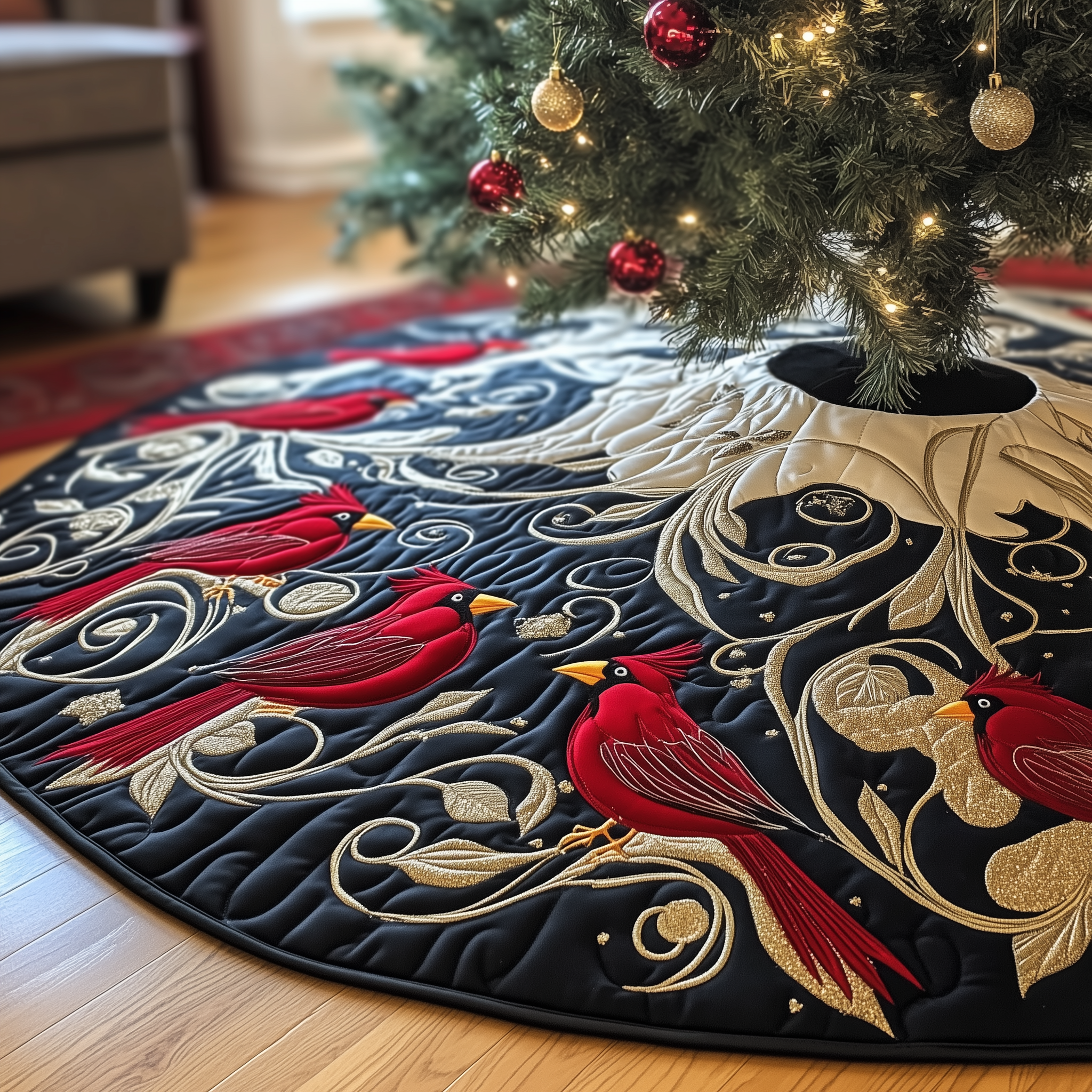 Red Cardinal Quilted Tree Skirt Xmas Tree Surround Decorations Cardinal Gifts For Christmas-1 Red Cardinal Quilted Tree Skirt Xmas Tree Surround Decorations Cardinal Gifts For Christmas-1