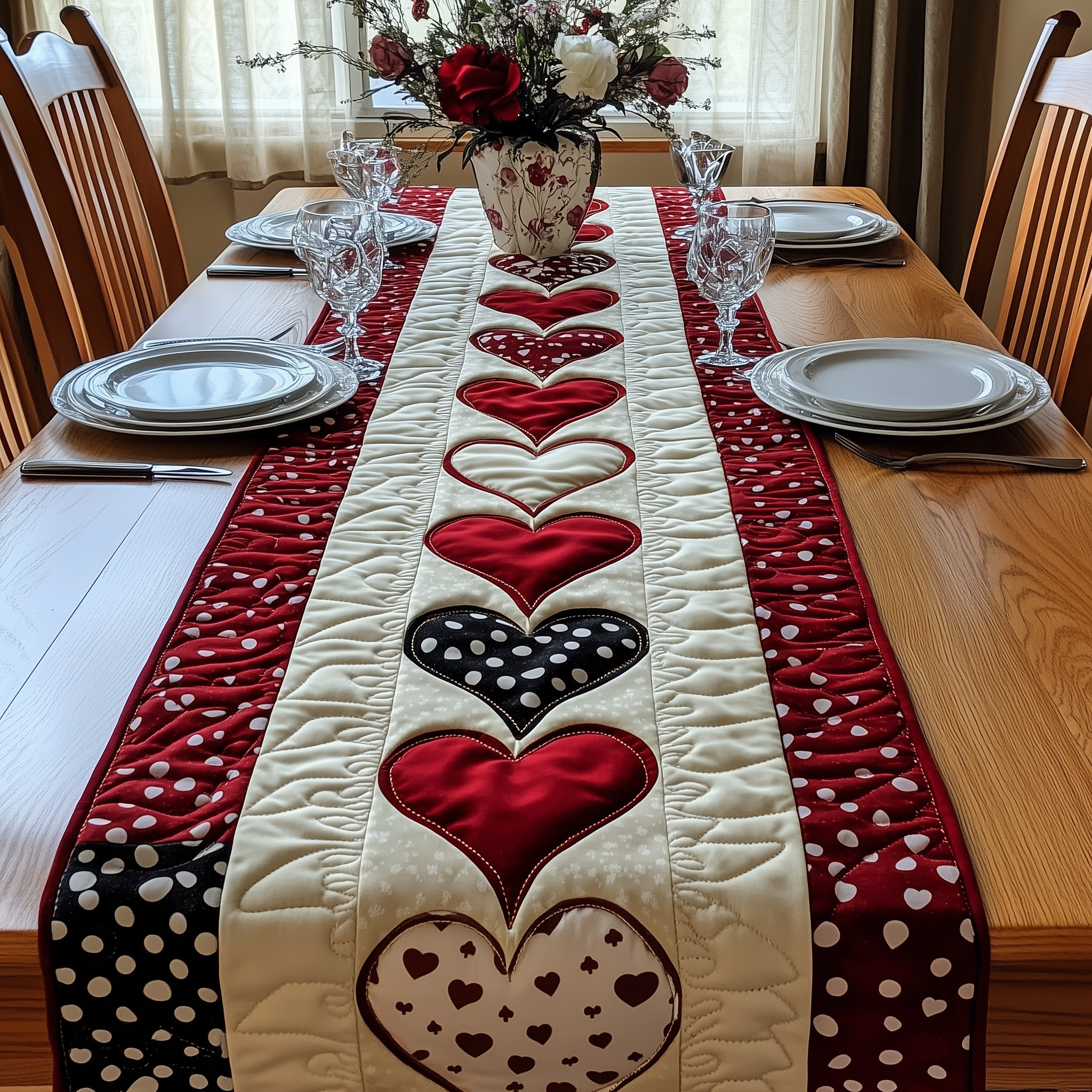 Red Hearts Quilted Table Runner Valentine Gift Ideas-1 Red Hearts Quilted Table Runner Valentine Gift Ideas-1