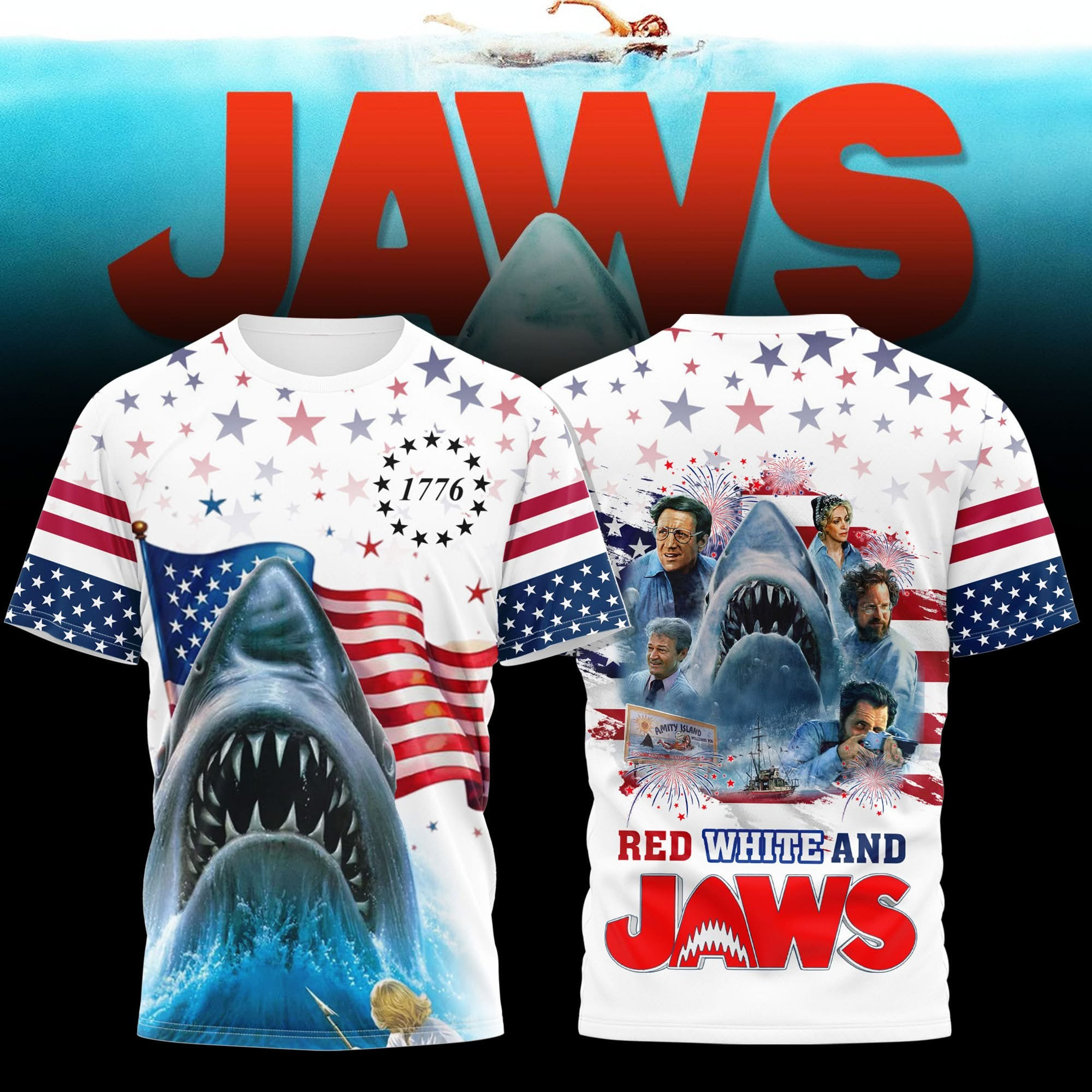 Red White And Jaws 4Th Of July T-Shirt Men's Movie Jaws Themed Gifts For Fans-1