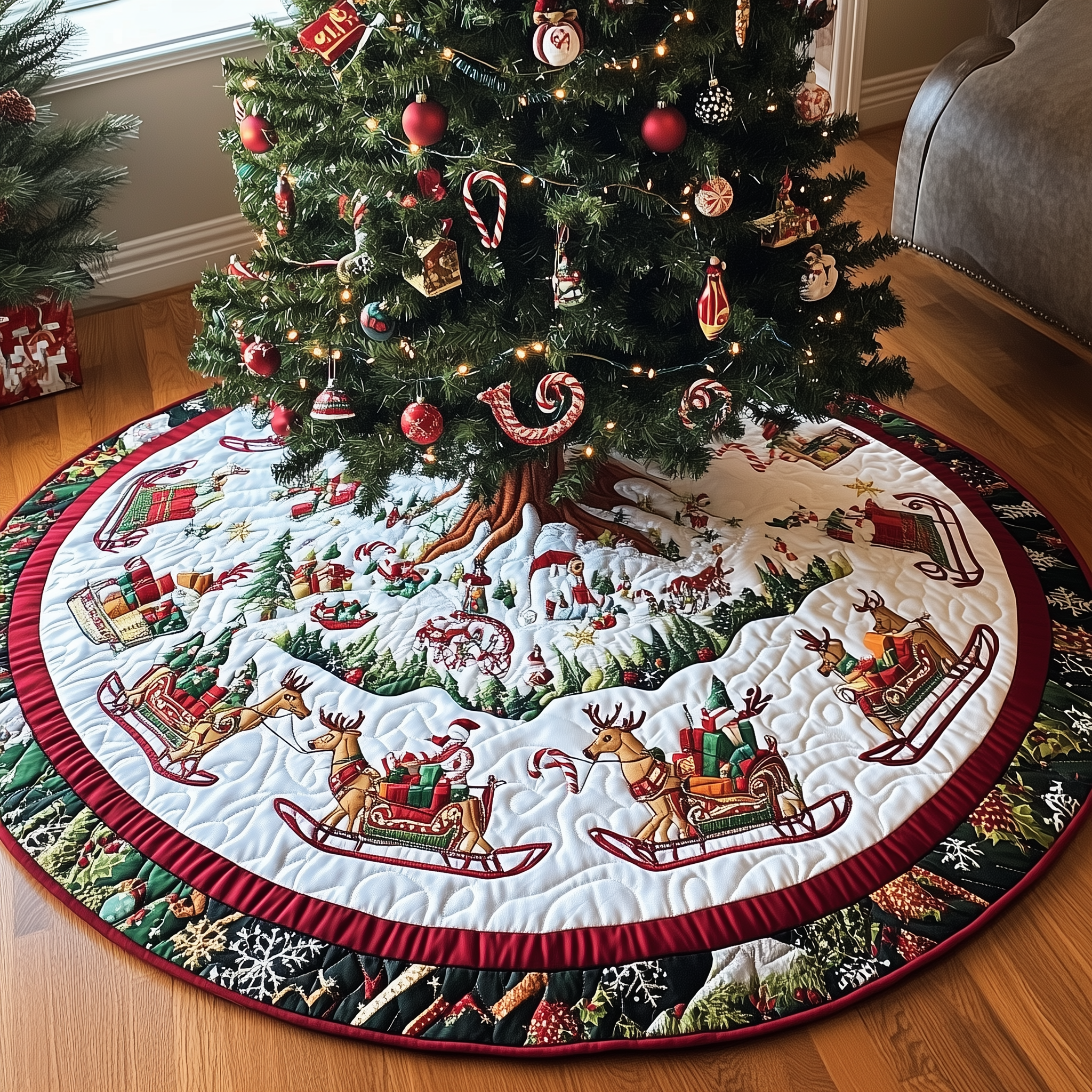 Reindeer Sleds Quilted Tree Skirt Best Xmas Tree Skirts Decorations Great Holiday Gifts For Family-1 Reindeer Sleds Quilted Tree Skirt Best Xmas Tree Skirts Decorations Great Holiday Gifts For Family-1