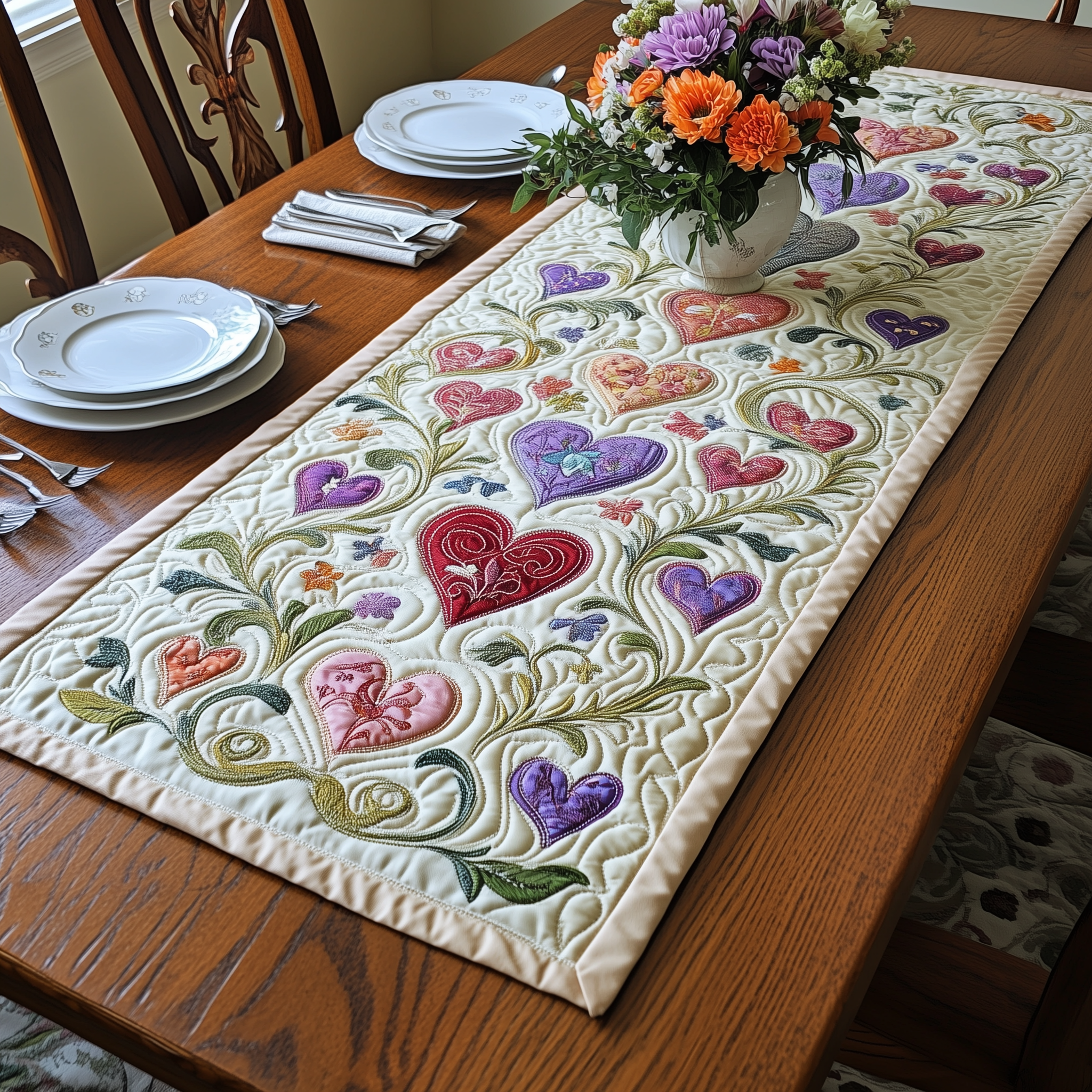 Romance in Bloom Quilted Table Runner Valentines Presents For Her-1 Romance in Bloom Quilted Table Runner Valentines Presents For Her-1
