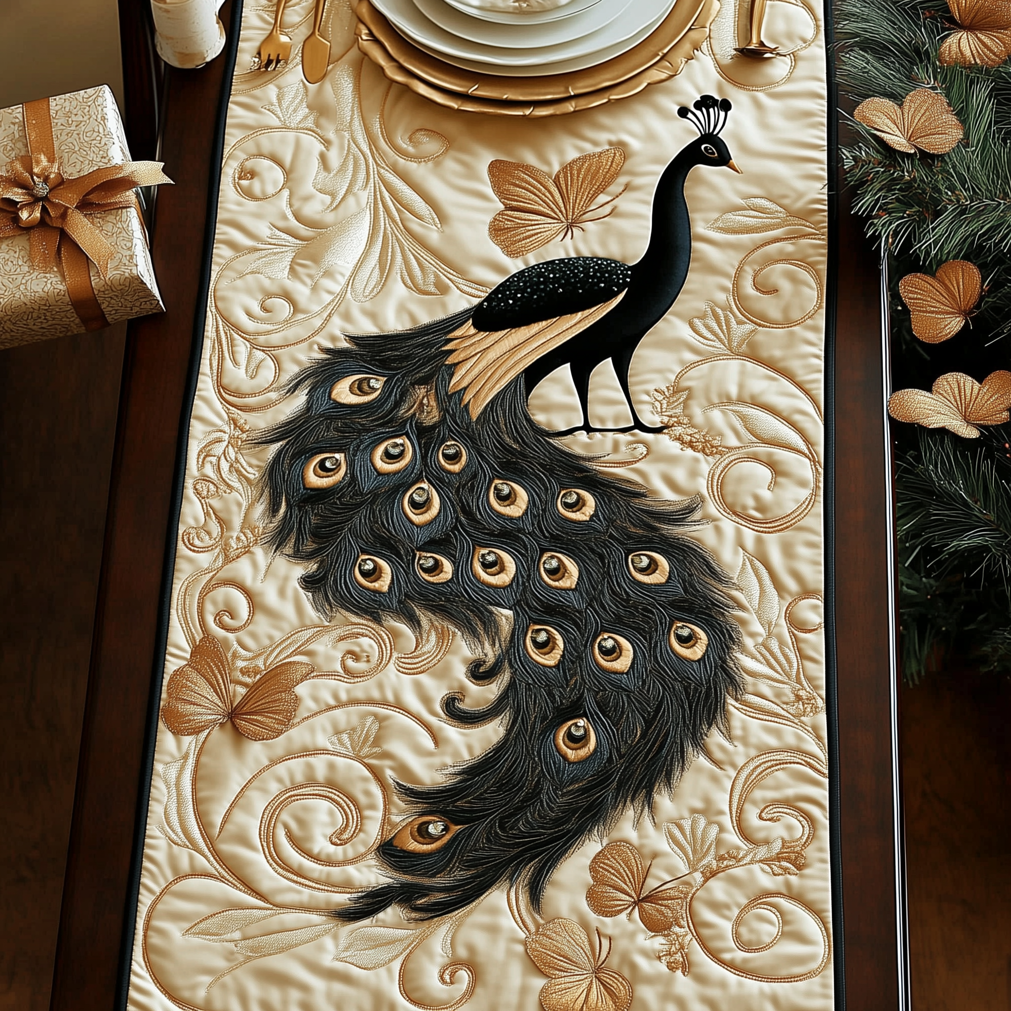Royal Peacock Quilted Table Runner Decorations Merchandise Best Gifts For Peacock Lovers For Her-1