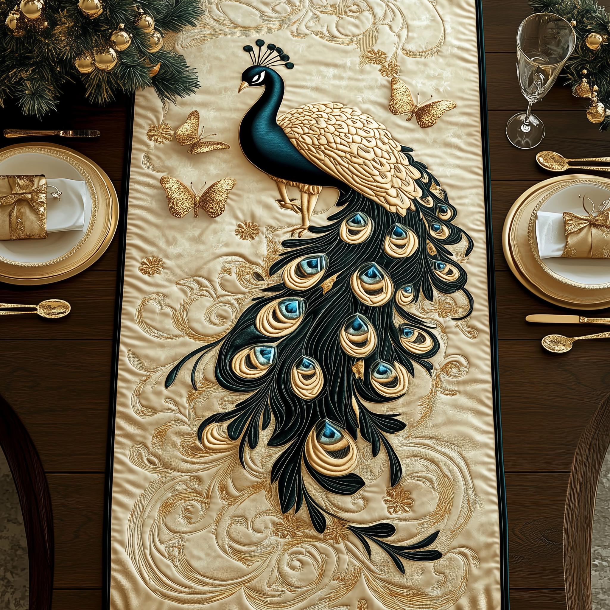 Royal Peacock Quilted Table Runner Decorations Merchandise Themed Gifts For Peacock Lovers For Her-1