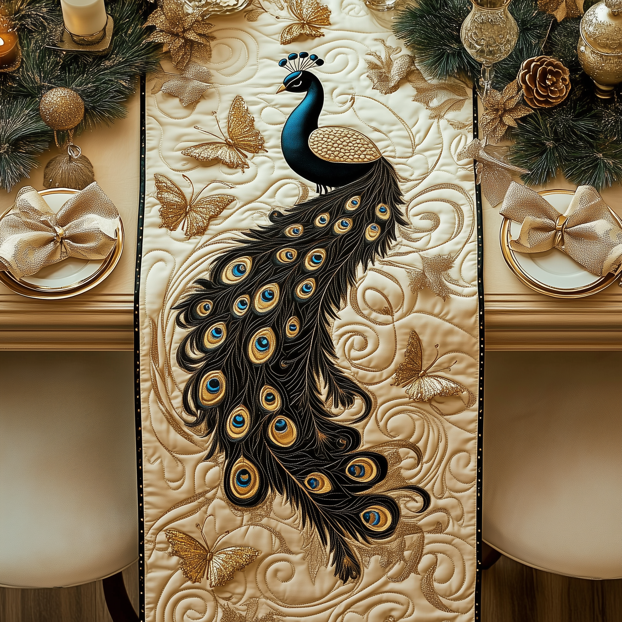 Royal Peacock Quilted Table Runner Decorations Unique Themed Gifts For Peacock Lovers For Her-1
