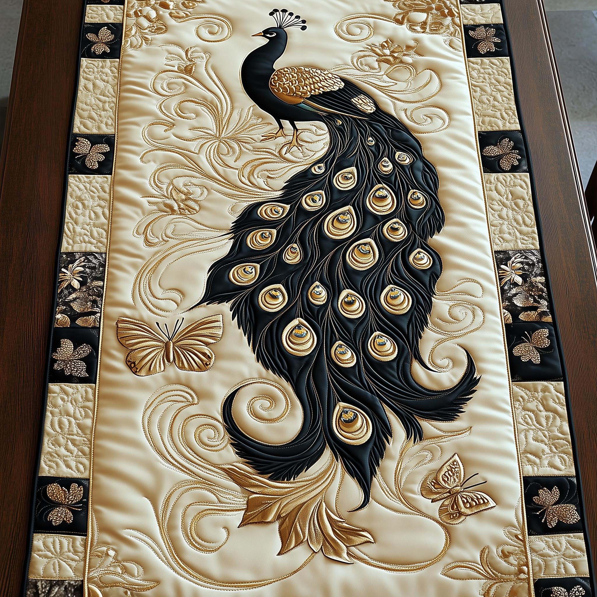Royal Peacock Quilted Table Runner Modern Coffee Table Runner Decorations Peacock Themed Gifts-1