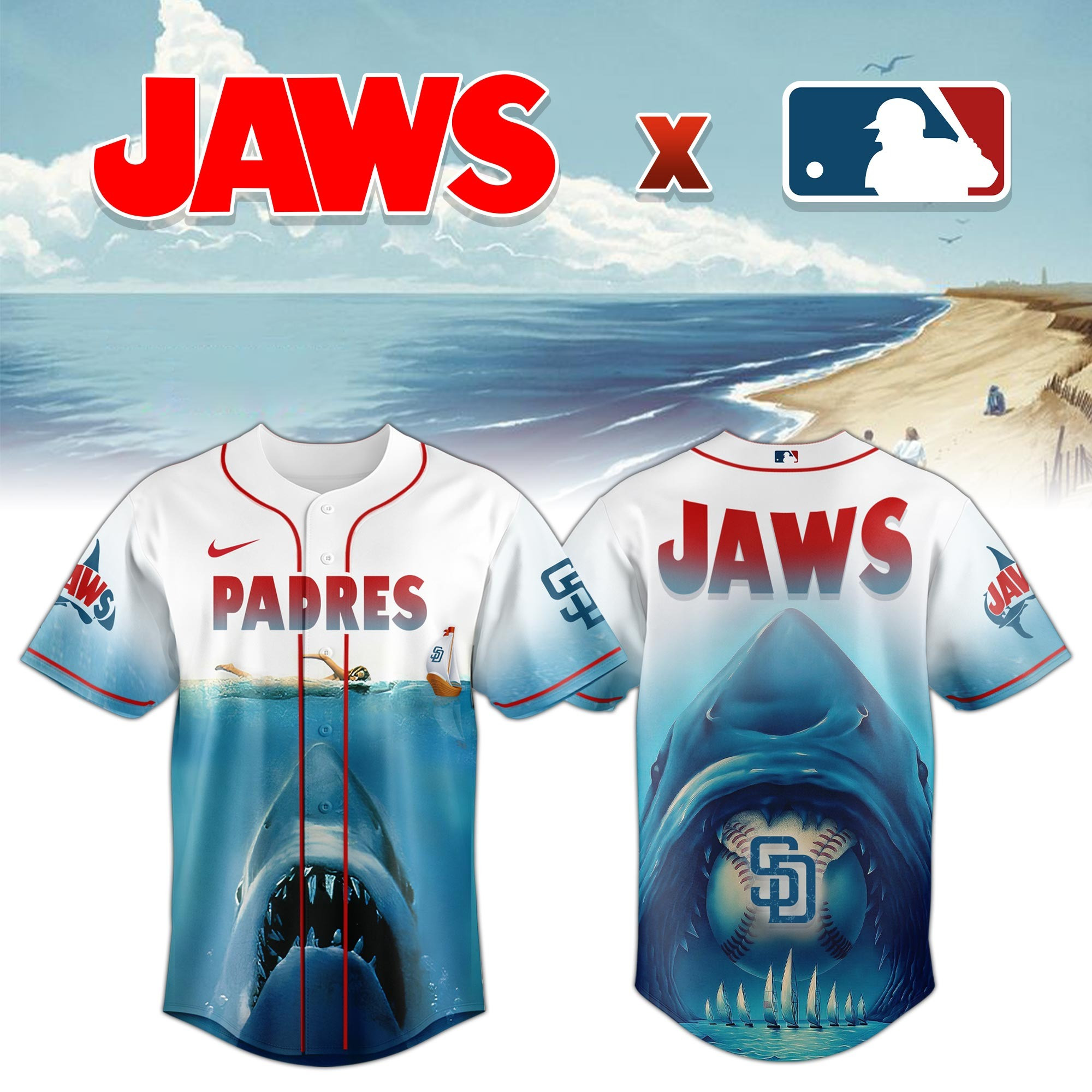San Diego Padres x JAWS Jersey MLB Merch Baseball Lovers Movie Themed Gifts For Jaws Fans-1