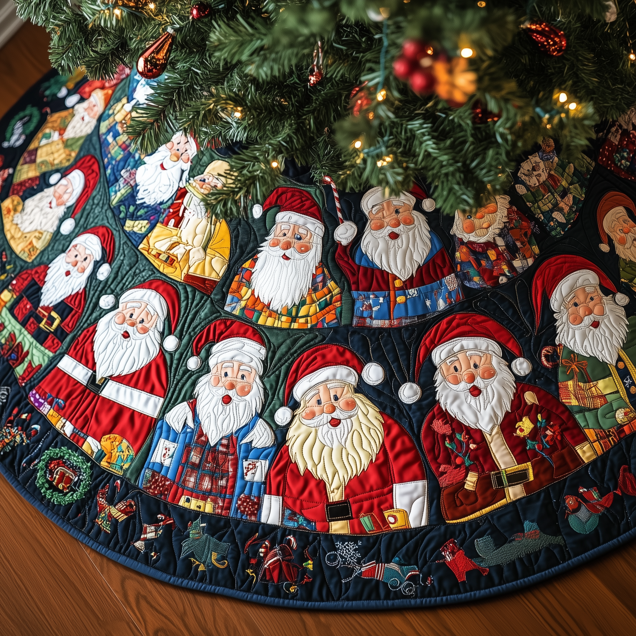 Santa Clause Quilted Tree Skirt Modern Holiday Tree Skirt Xmas Tree Surround Base Cover Decorations-1 Santa Clause Quilted Tree Skirt Modern Holiday Tree Skirt Xmas Tree Surround Base Cover Decorations-1
