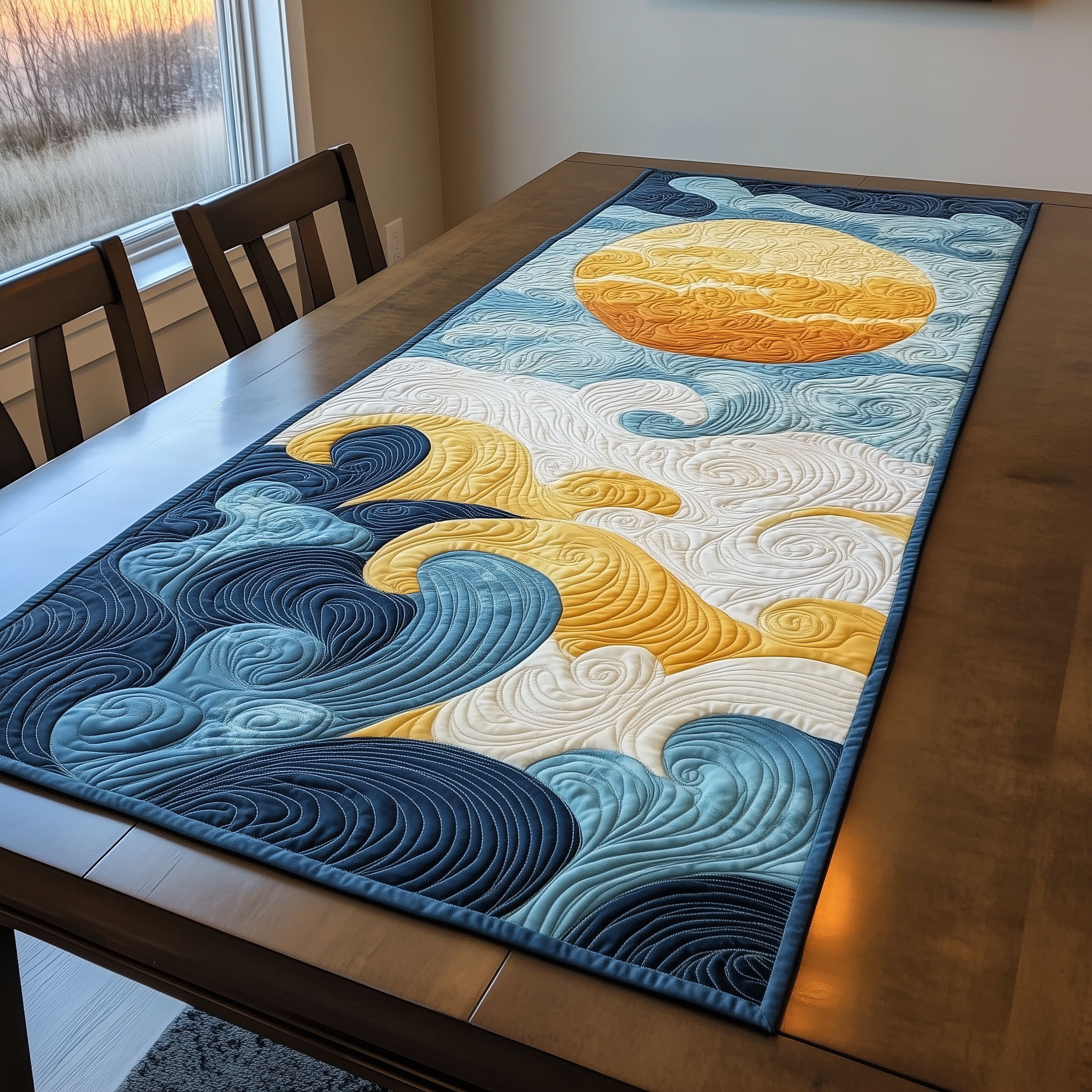 Sea Wave Quilted Table RunnerArt Coffee  Dining Table Runner Home Home Decorations-1