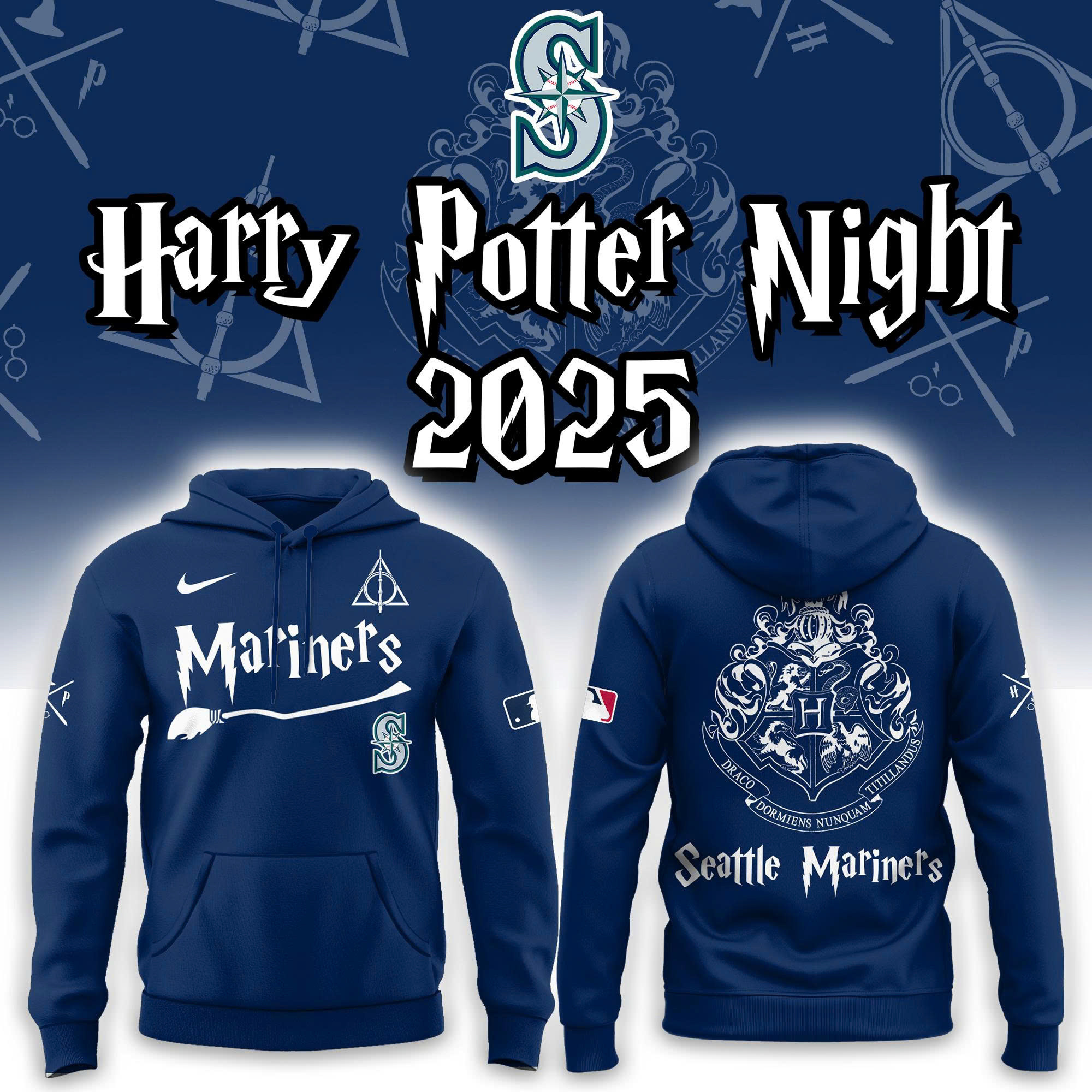 Seattle Mariners X Harry Potter Merch Hoodie Mariners Witch's Broom Gifts For Harry Potter Fans-1 Seattle Mariners X Harry Potter Merch Hoodie Mariners Witch's Broom Gifts For Harry Potter Fans-1