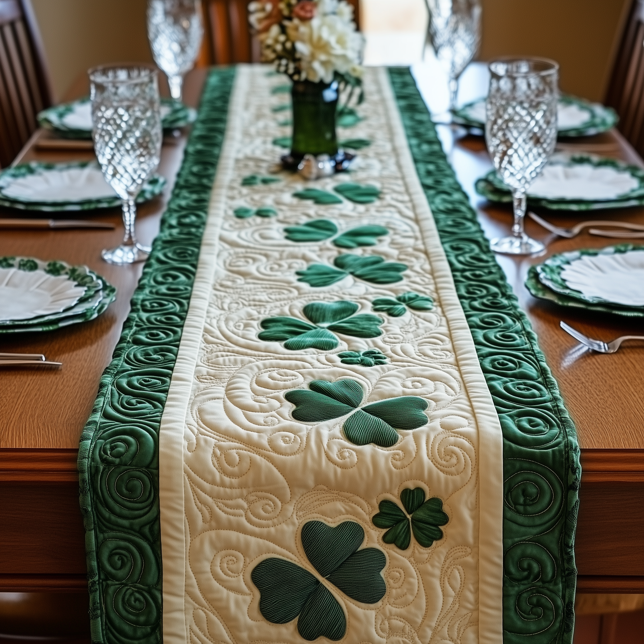 Shamrock Quilted Table Runner Patrick's Day Gift For Mom-1 Shamrock Quilted Table Runner Patrick's Day Gift For Mom-1