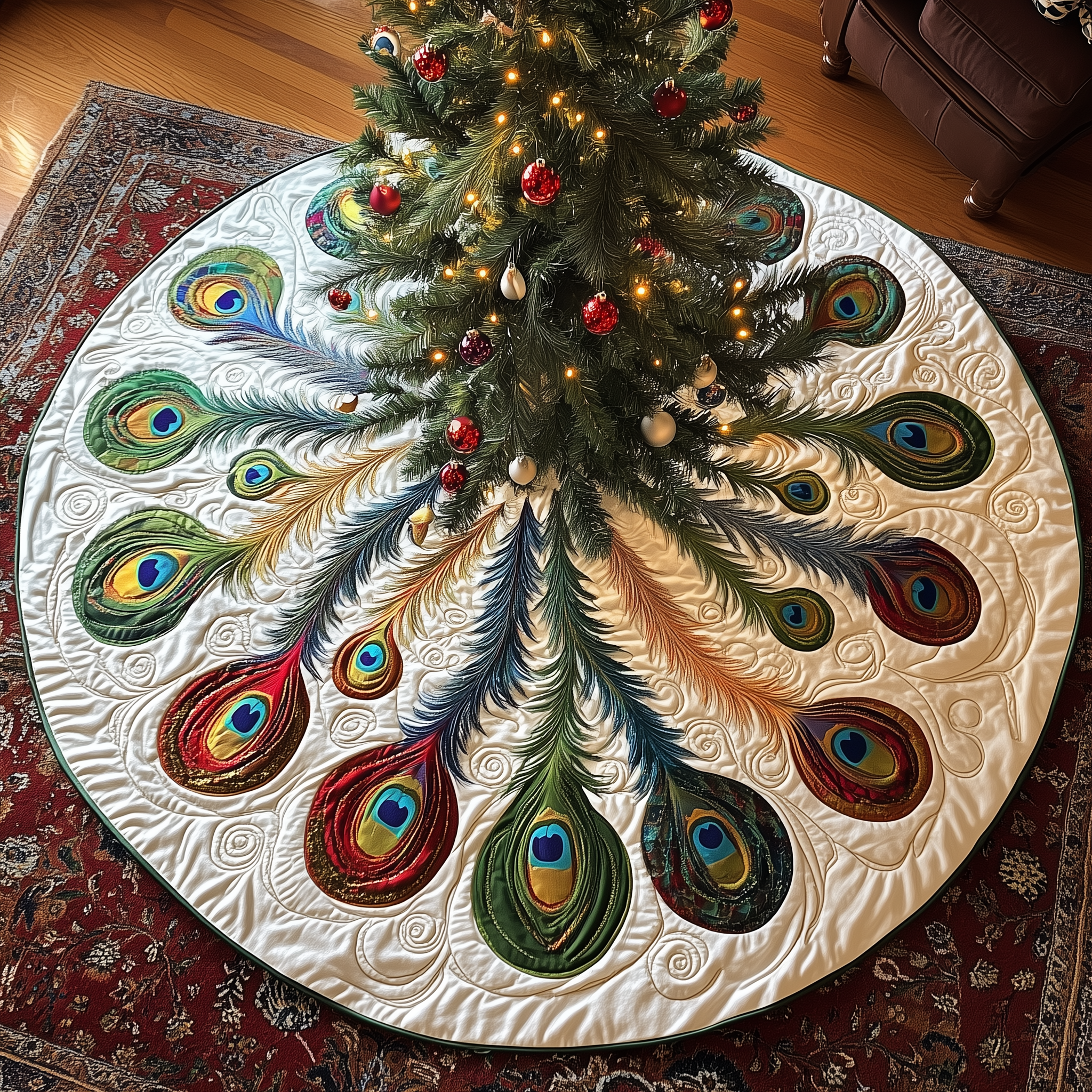 Shimmering Peacock Quilted Tree Skirt Best Xmas Tree Skirts Indoor Peacock Christmas Decorations-1