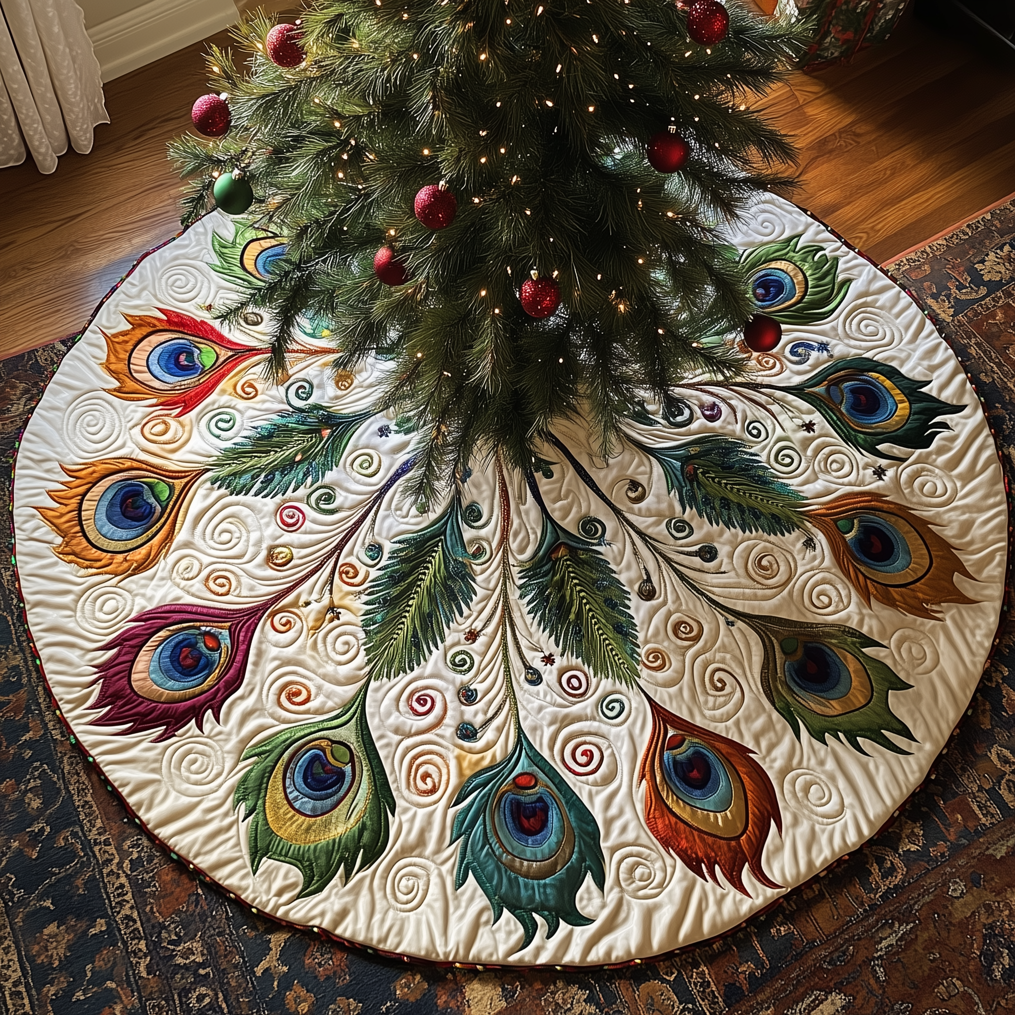 Shimmering Peacock Quilted Tree Skirt Christmas Xmas Tree Base Cover Decorations Peacock Themed Gift-1 Shimmering Peacock Quilted Tree Skirt Christmas Xmas Tree Base Cover Decorations Peacock Themed Gift-1