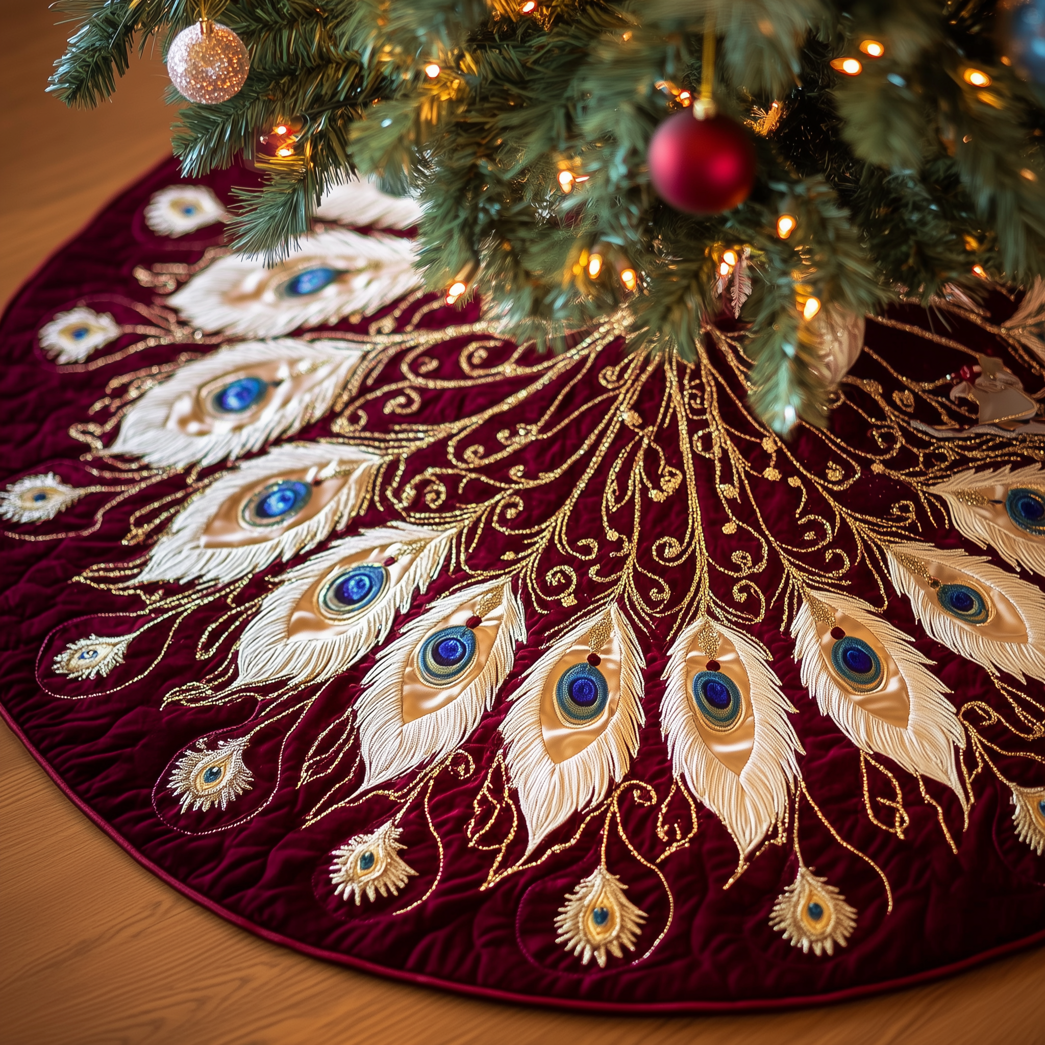 Shimmering Peacock Quilted Tree Skirt Indoor Tree Christmas Decorations Peacock Gifts For Her-1 Shimmering Peacock Quilted Tree Skirt Indoor Tree Christmas Decorations Peacock Gifts For Her-1
