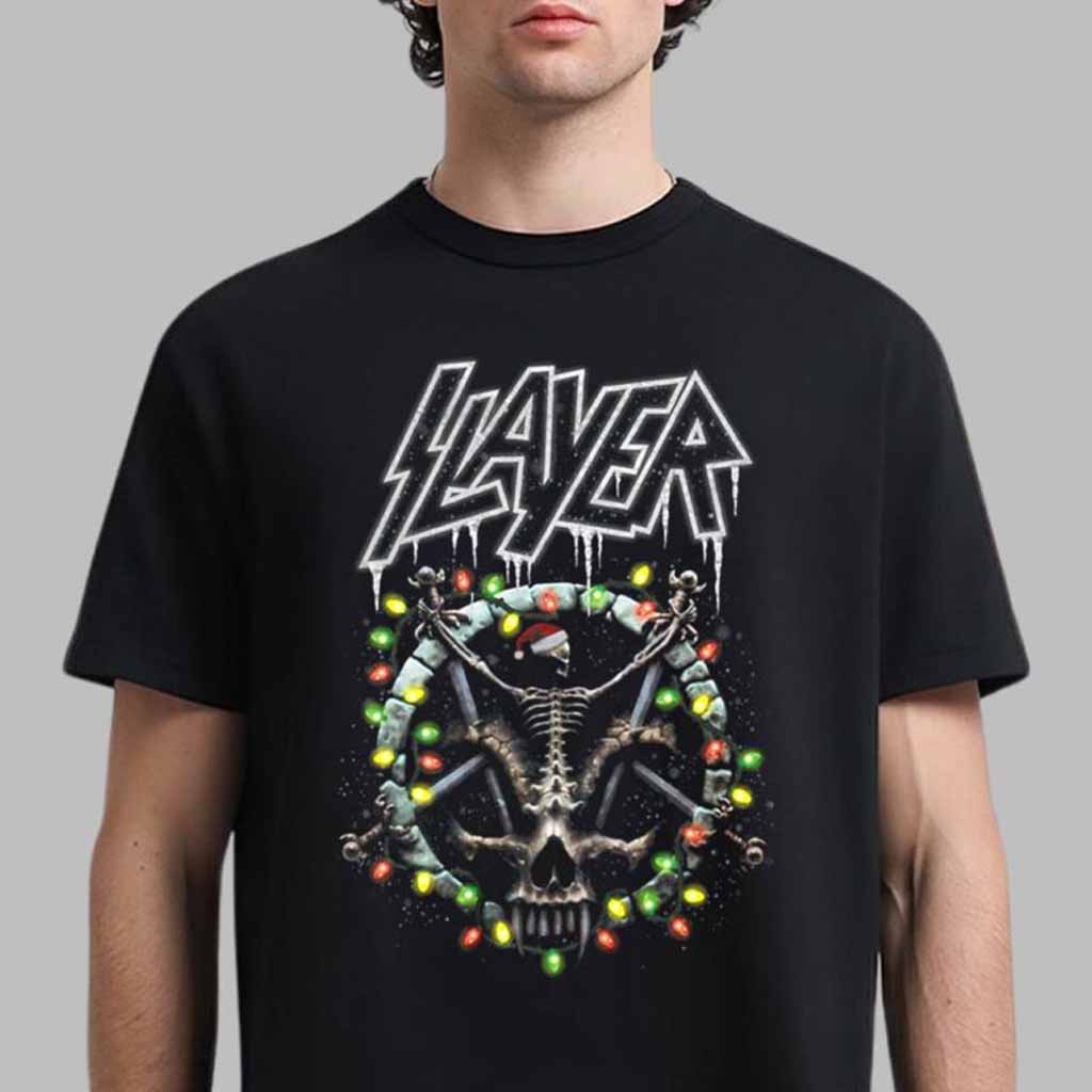 Slayer Divined Holiday 2024 Christmas Wreath Skeleton Skull Logo T-Shirt Christmas Gifts For Dad-1