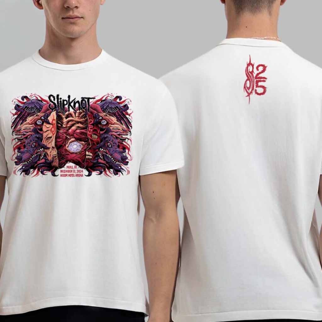 Slipknot Merch Tee For Paris France Tour 2024 At Accor Hotel Arena On December 12 2024 25th Anniversary Here Come The Pain T-Shirt Gifts For Fans-1 Slipknot Merch Tee For Paris France Tour 2024 At Accor Hotel Arena On December 12 2024 25th Anniversary Here Come The Pain T-Shirt Gifts For Fans-1