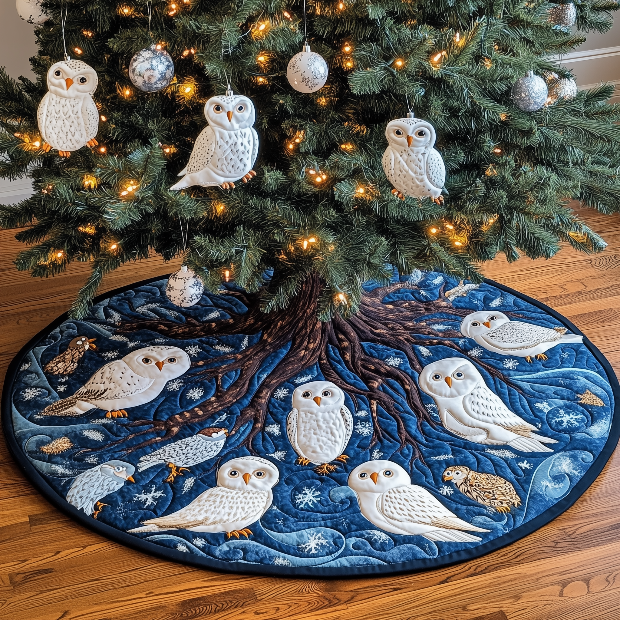 Snow Owls Quilted Tree Skirt Xmas Tree Base Cover Decorations Christmas Best Gifts For Owl Lovers-1