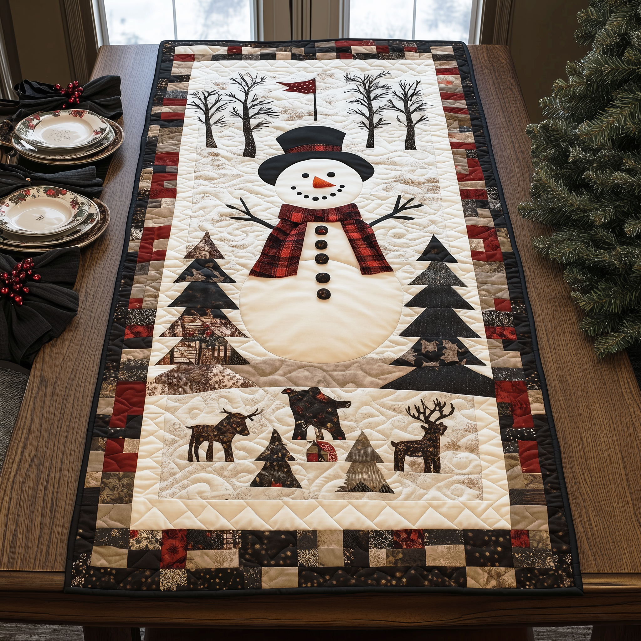 Snowman Christmas Joy Quilted Table Runner Holiday Dining Xmas Table Runner Presents-1