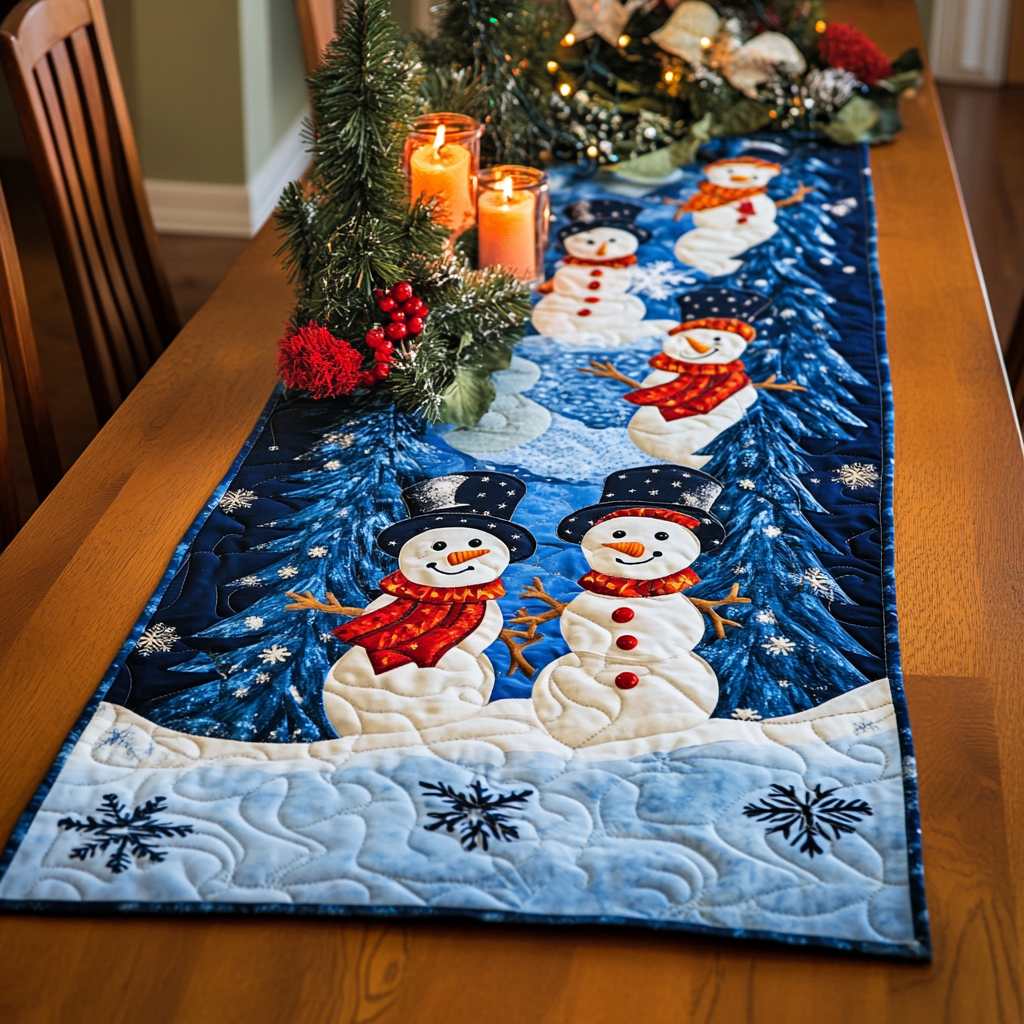 Snowmen Quilted Table Runner Decorations Christmas Holiday Dining Table Runner Presents-1 Snowmen Quilted Table Runner Decorations Christmas Holiday Dining Table Runner Presents-1