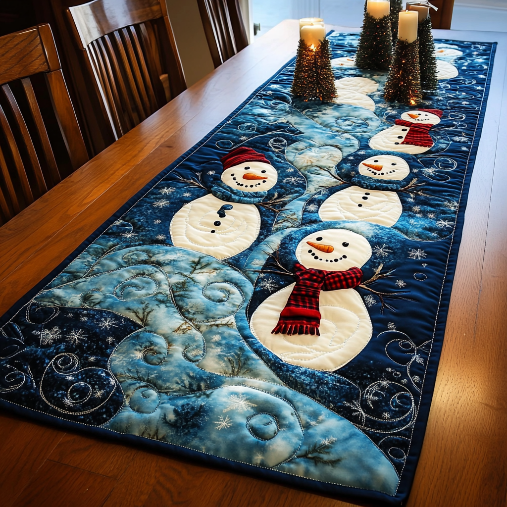 Snowmen Quilted Table RunnerChristmas Holiday Dining Table Runner Indoor Home Decorations-1