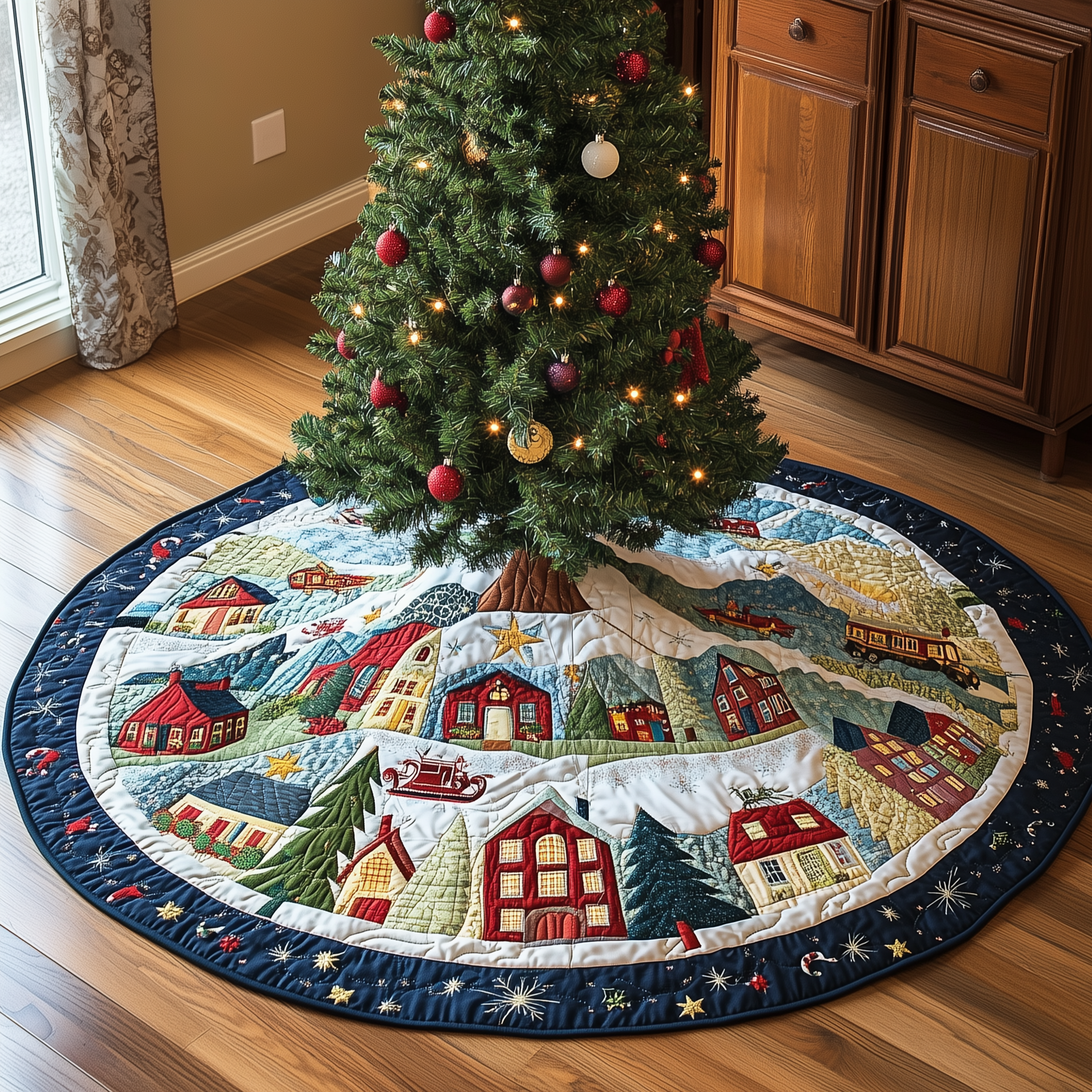 Snowy Village Quilted Tree Skirt Holiday Christmas Tree Surround Base Cover Decorations Best Presents-1 Snowy Village Quilted Tree Skirt Holiday Christmas Tree Surround Base Cover Decorations Best Presents-1