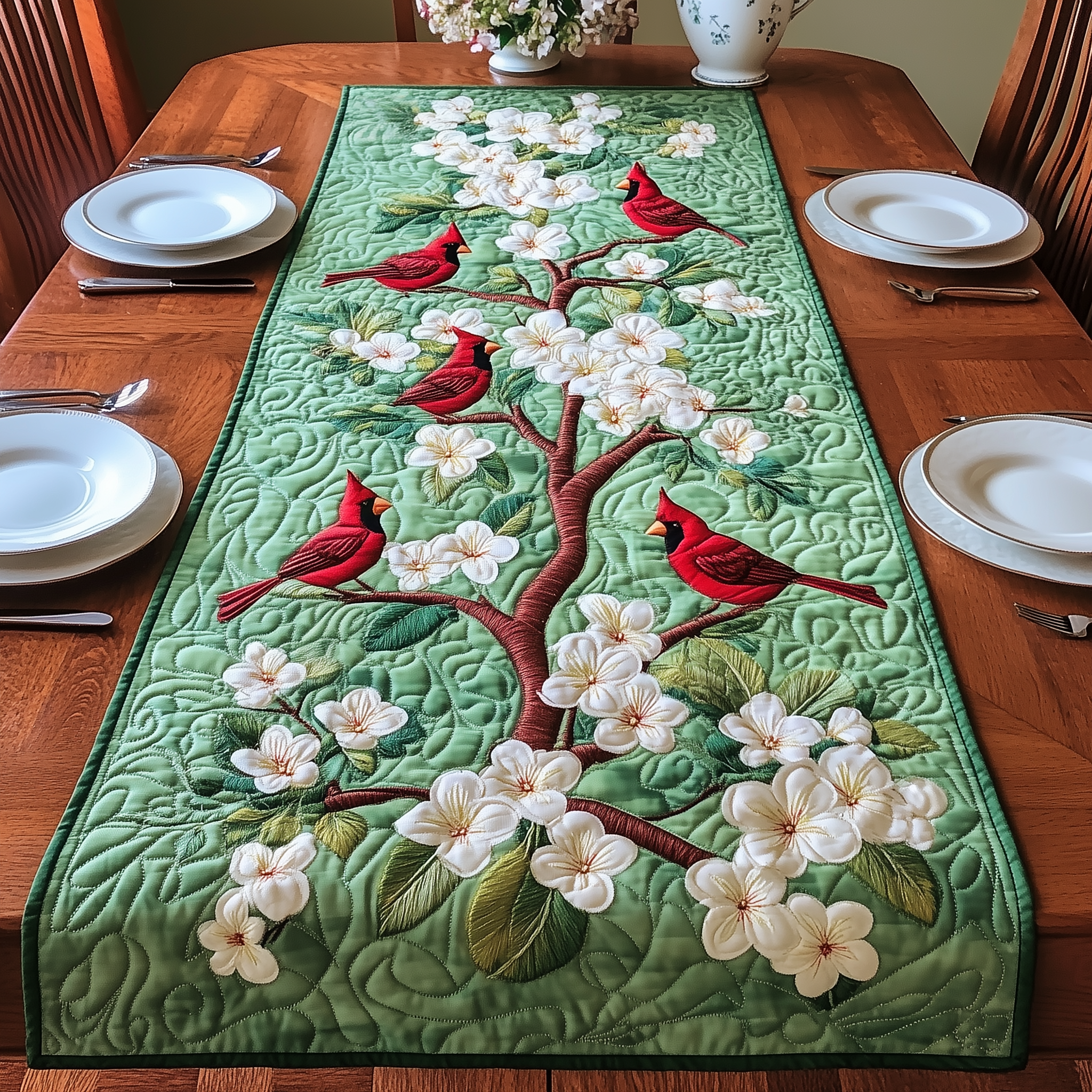 Spring Cardinals Quilted Table Runner Cardinal Bird Gifts-1 Spring Cardinals Quilted Table Runner Cardinal Bird Gifts-1