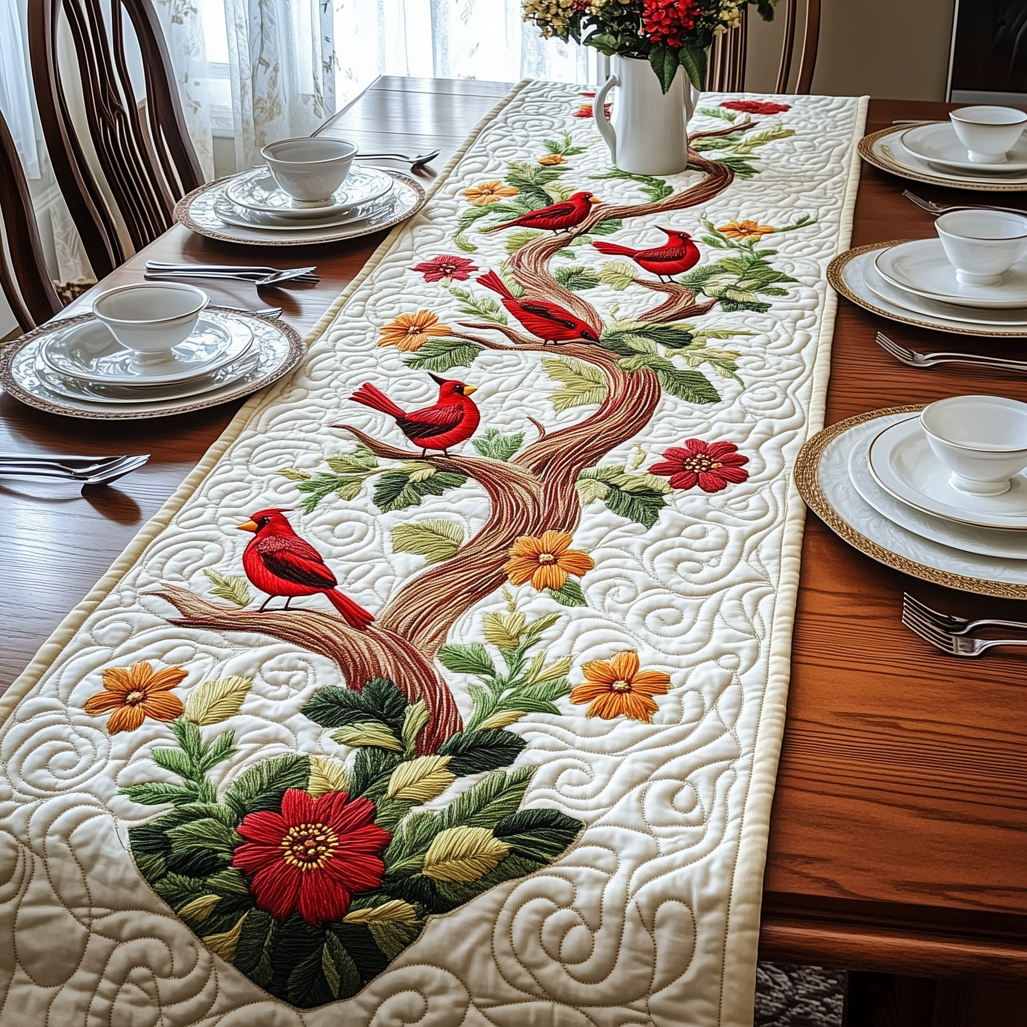 Spring Cardinals Quilted Table Runner Cardinal Gifts For Friend-1 Spring Cardinals Quilted Table Runner Cardinal Gifts For Friend-1