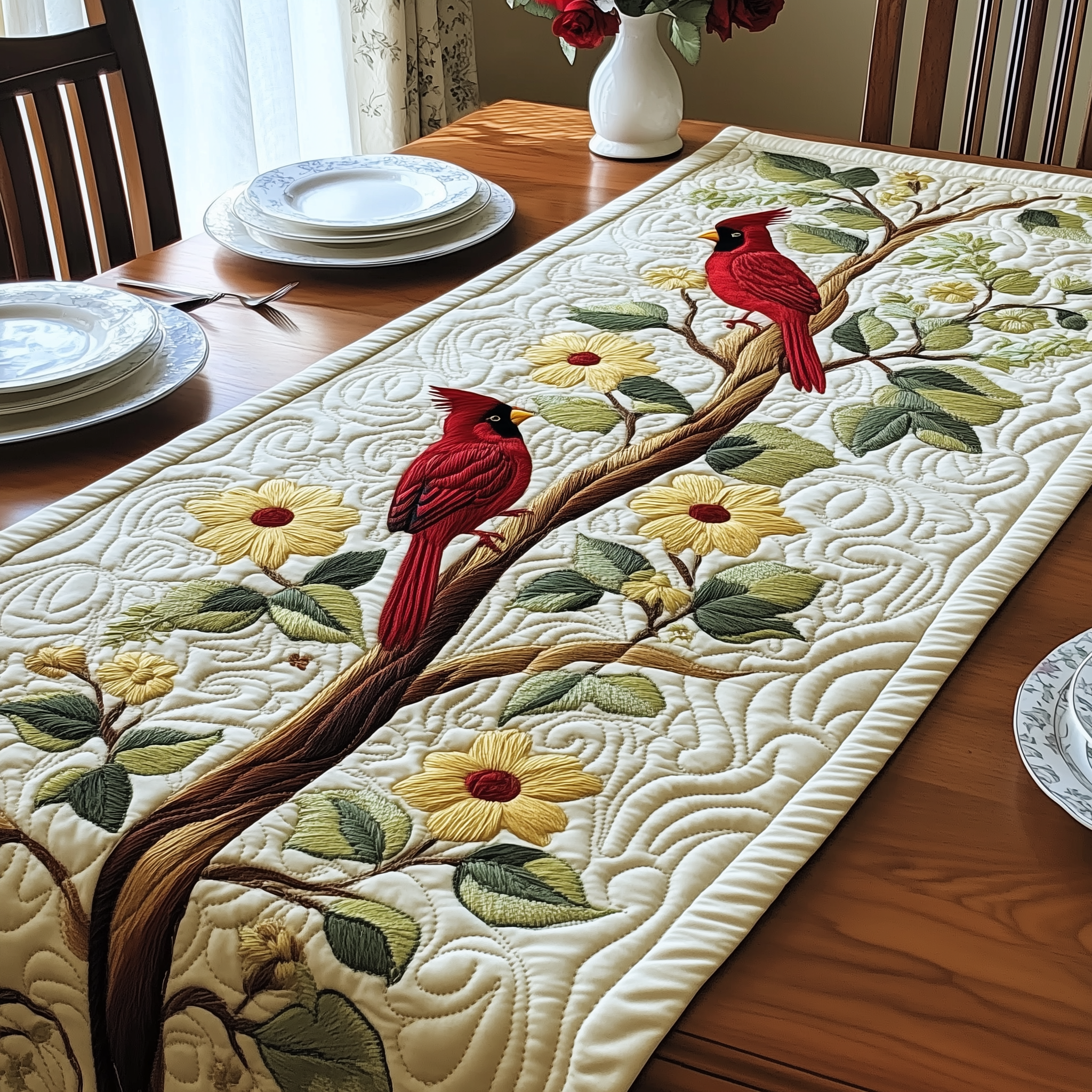 Spring Cardinals Quilted Table Runner Cardinal Gifts For Valentine Day-1 Spring Cardinals Quilted Table Runner Cardinal Gifts For Valentine Day-1