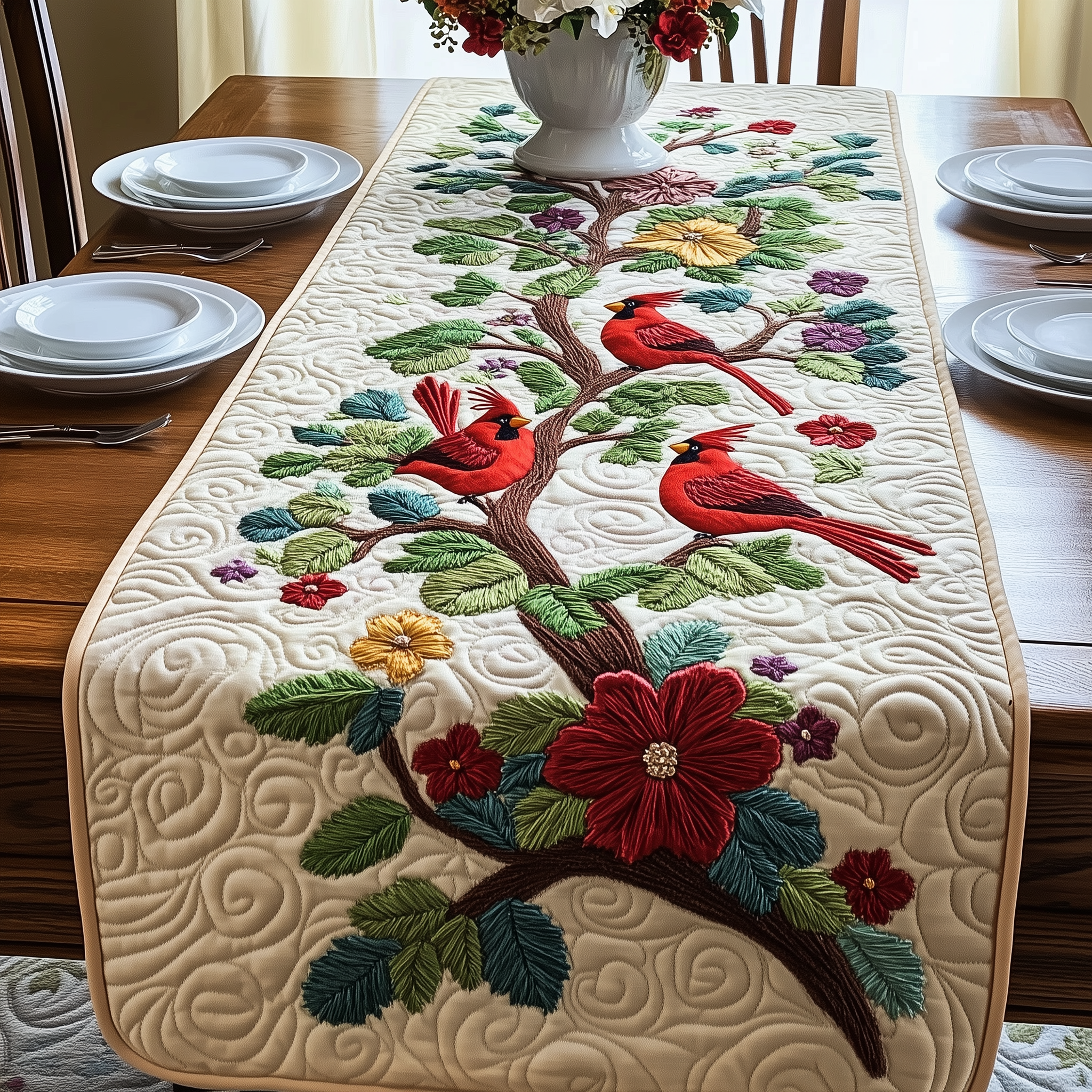 Spring Cardinals Quilted Table Runner Cardinal Themed Gifts-1