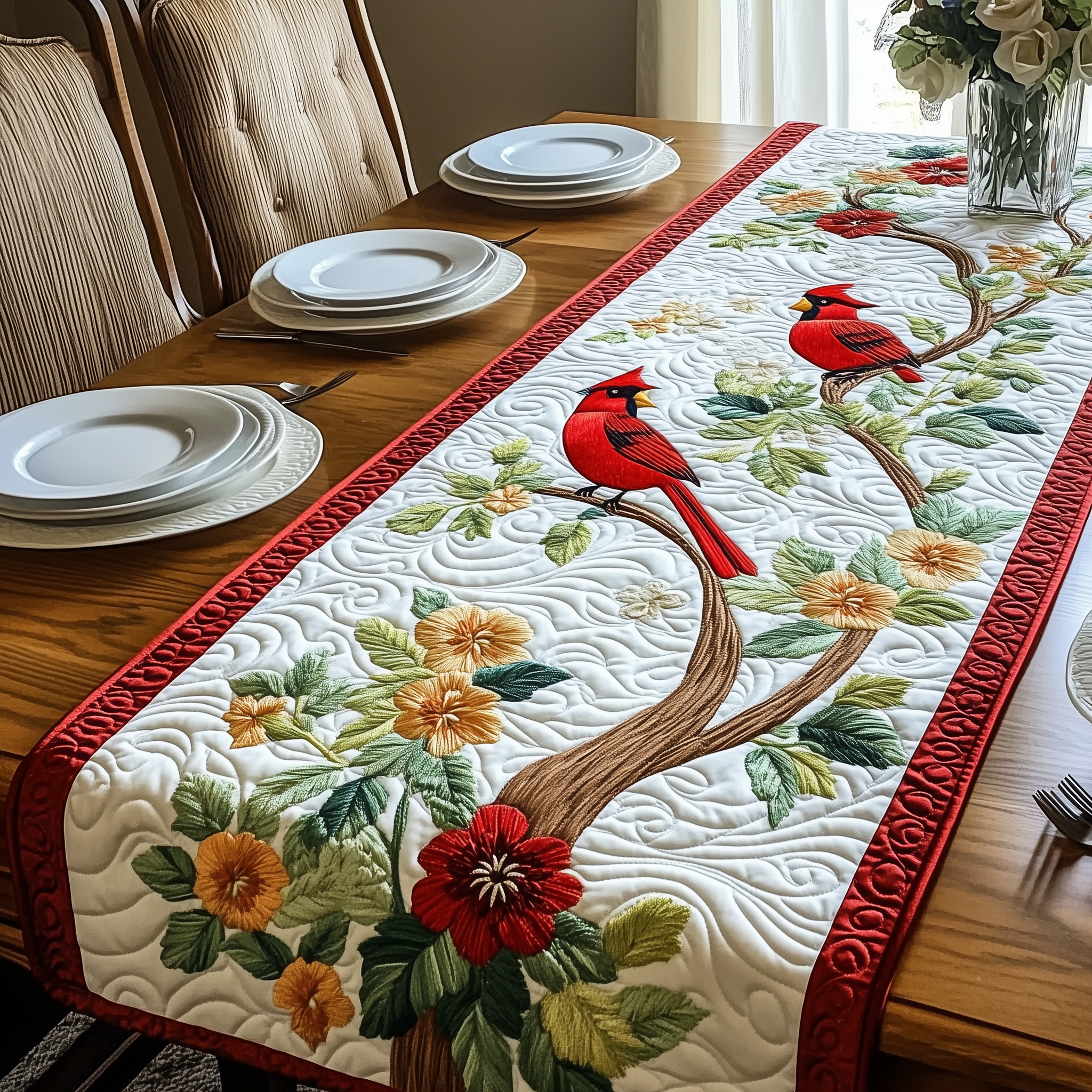 Spring Cardinals Quilted Table Runner Cardinal Valentine Day Decor-1 Spring Cardinals Quilted Table Runner Cardinal Valentine Day Decor-1