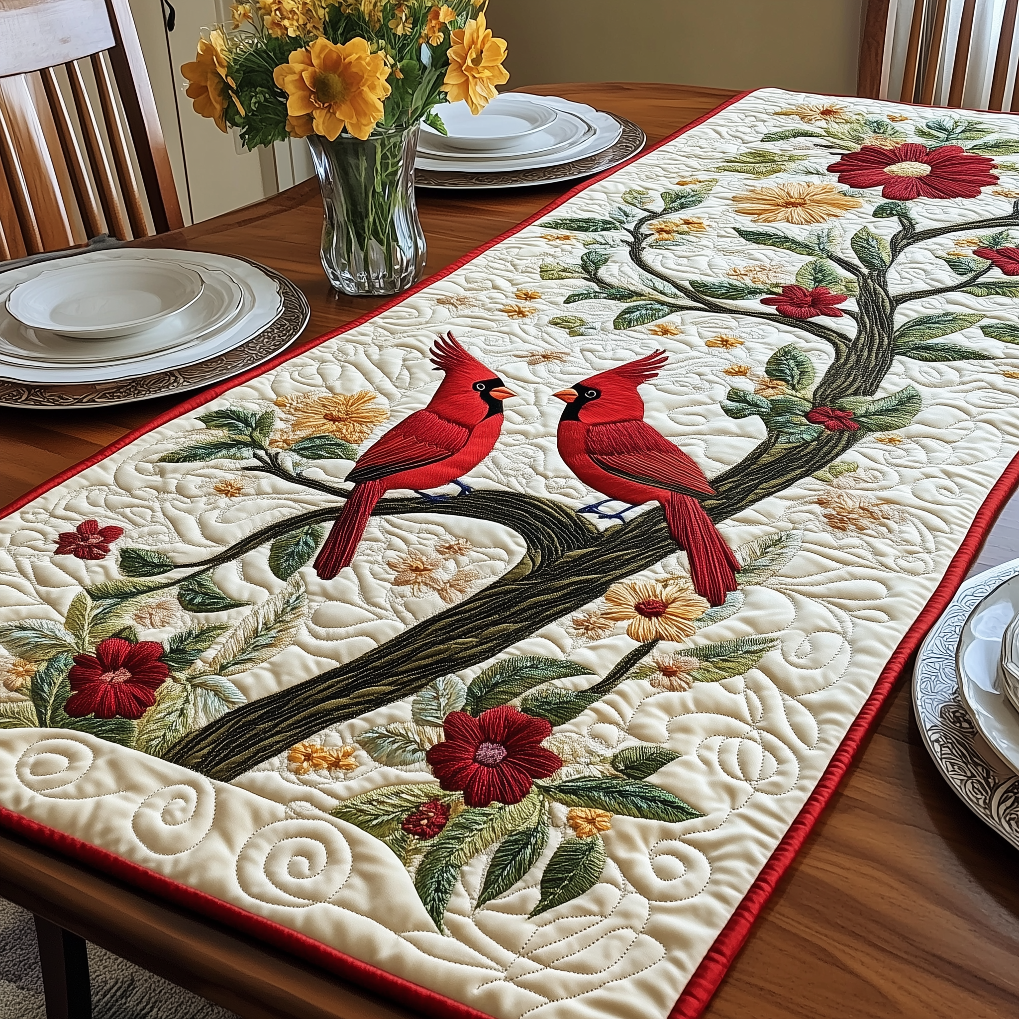 Spring Cardinals Quilted Table Runner Cardinal Valentine Day Gift Ideas-1 Spring Cardinals Quilted Table Runner Cardinal Valentine Day Gift Ideas-1