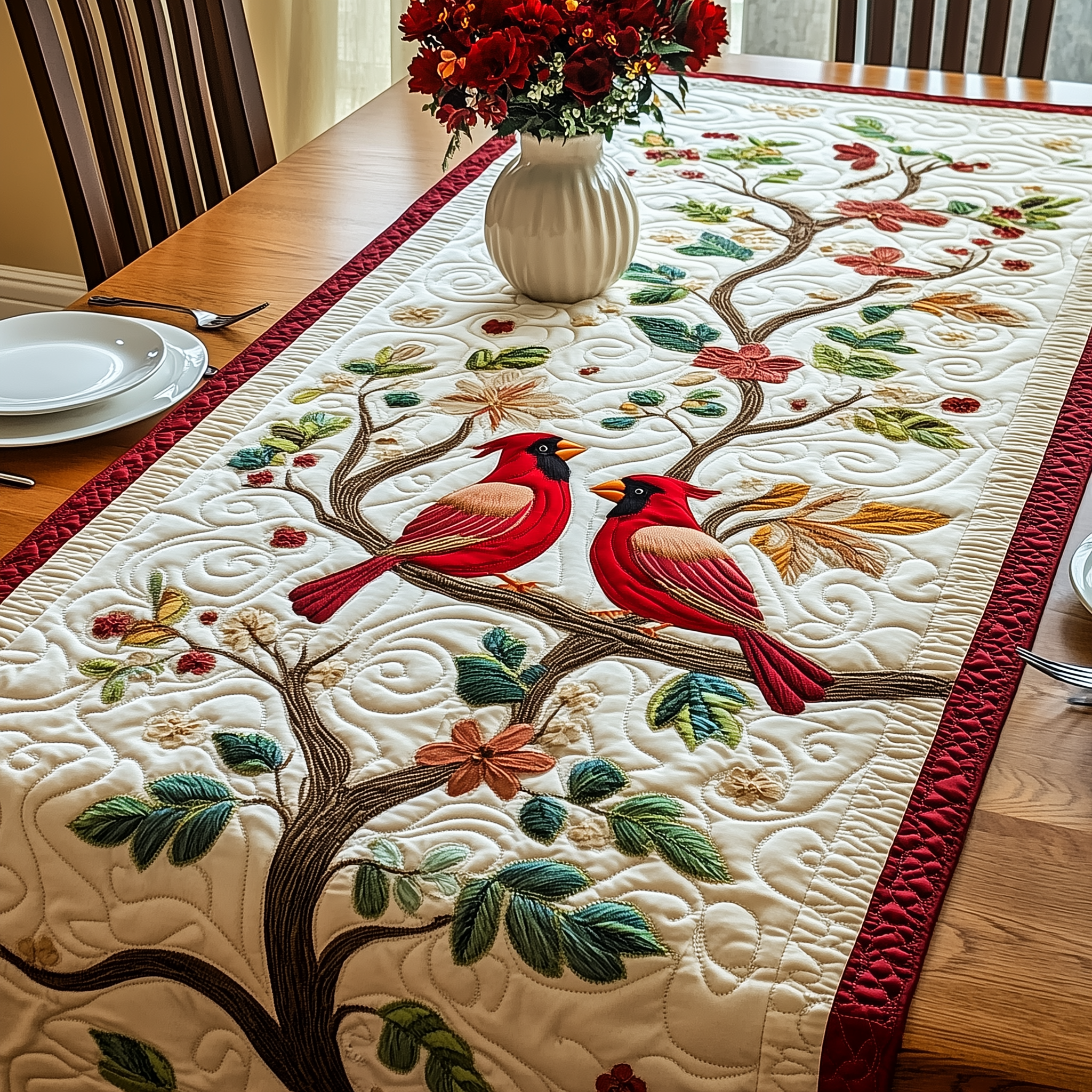 Spring Cardinals Quilted Table Runner Cardinal Valentine Day Gift-1