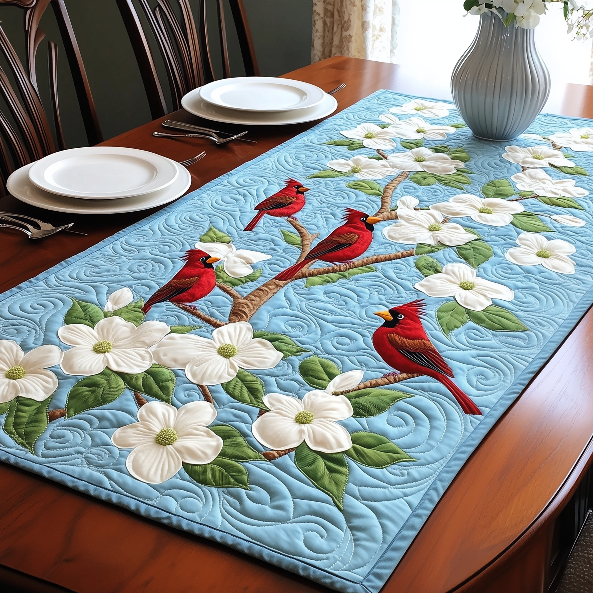 Spring Cardinals Quilted Table Runner Gifts For Cardinal Lovers-1 Spring Cardinals Quilted Table Runner Gifts For Cardinal Lovers-1