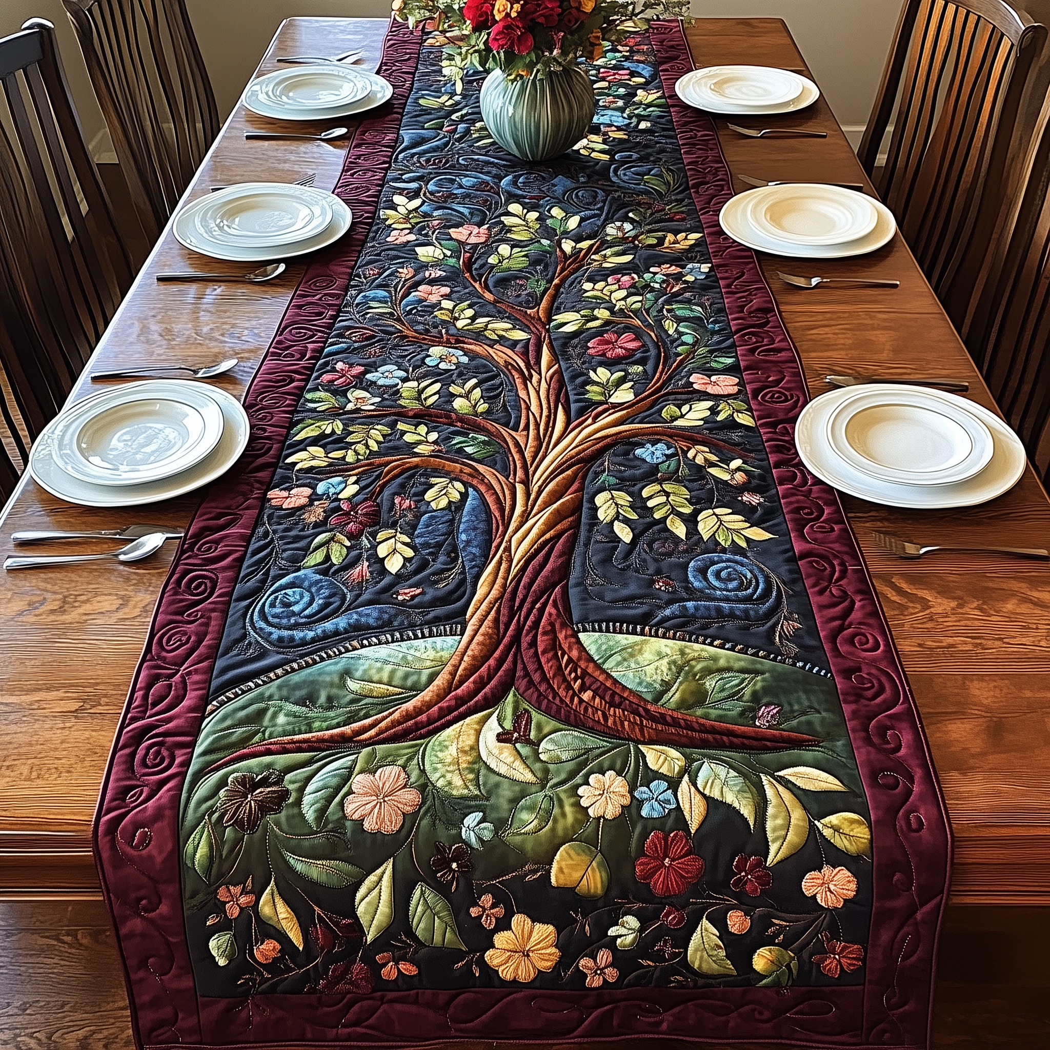 Stunning Tree Of Life Quilted Table Runner Valentines Day Presents For Her-1 Stunning Tree Of Life Quilted Table Runner Valentines Day Presents For Her-1