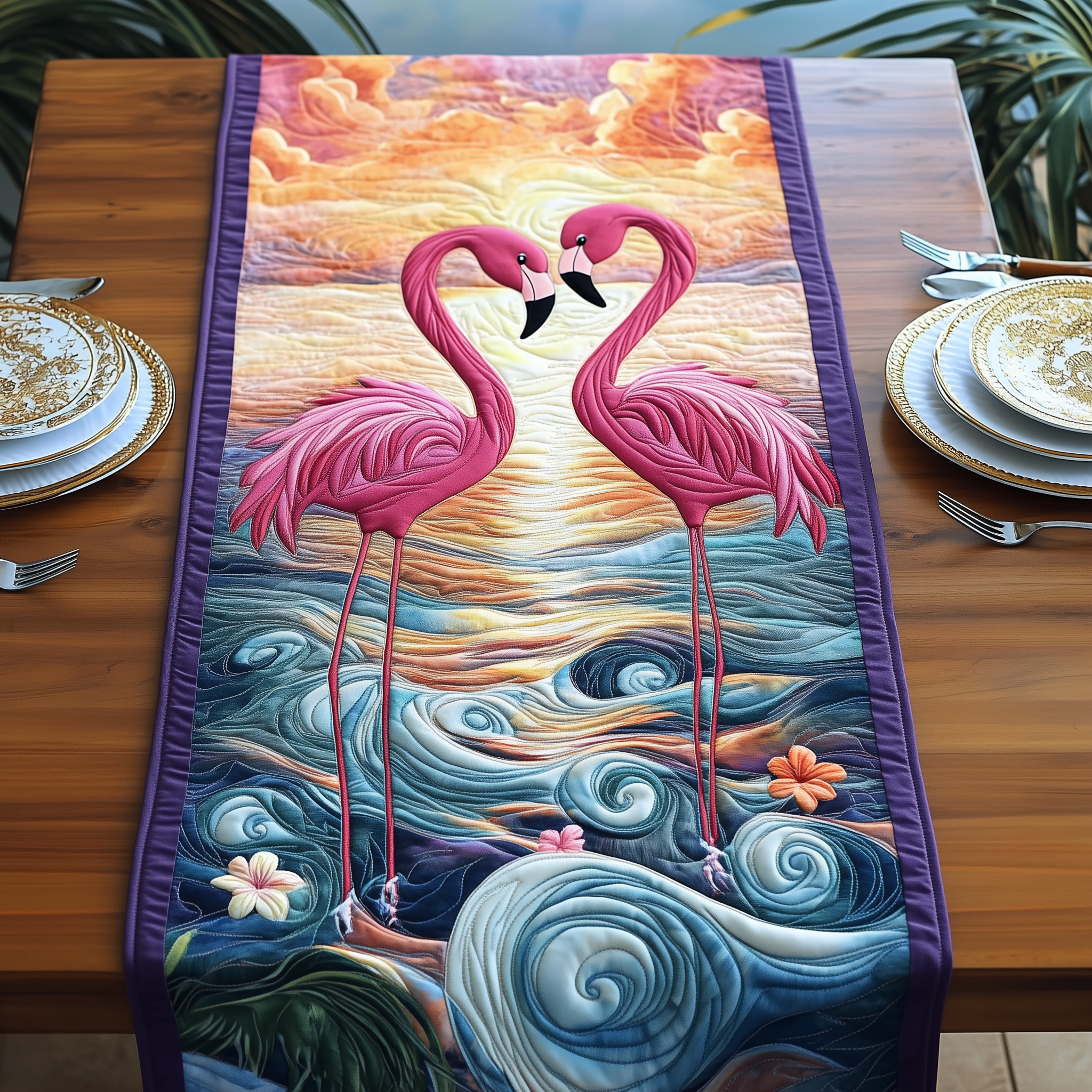 Sunset Flamingo Quilted Table Runner Holiday Dining Table Runner Xmas Unique Pink Flamingo Gifts-1 Sunset Flamingo Quilted Table Runner Holiday Dining Table Runner Xmas Unique Pink Flamingo Gifts-1