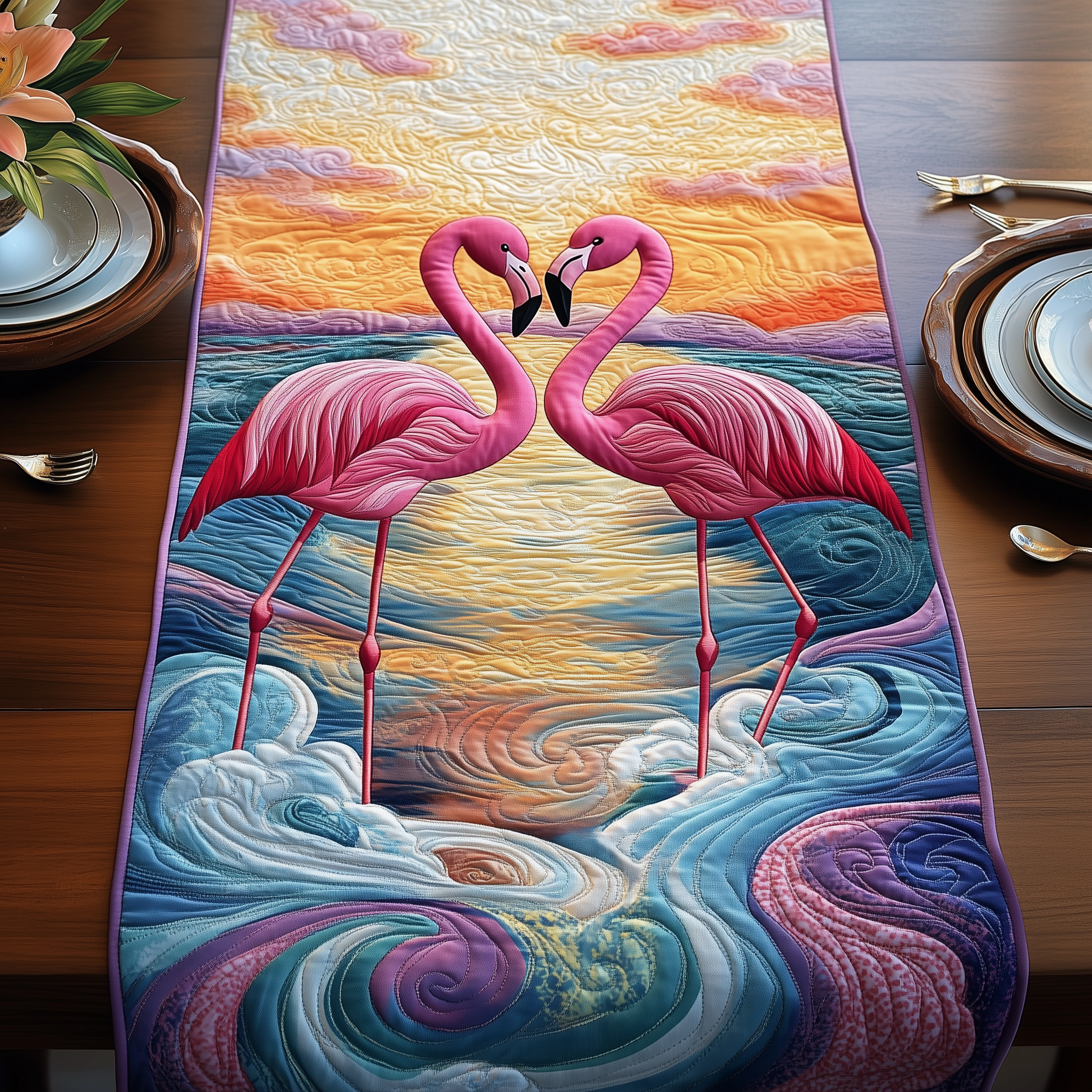 Sunset Flamingo Quilted Table Runner Modern Dining Holiday Table Christmas Gifts For Flamingo Lovers-1 Sunset Flamingo Quilted Table Runner Modern Dining Holiday Table Christmas Gifts For Flamingo Lovers-1