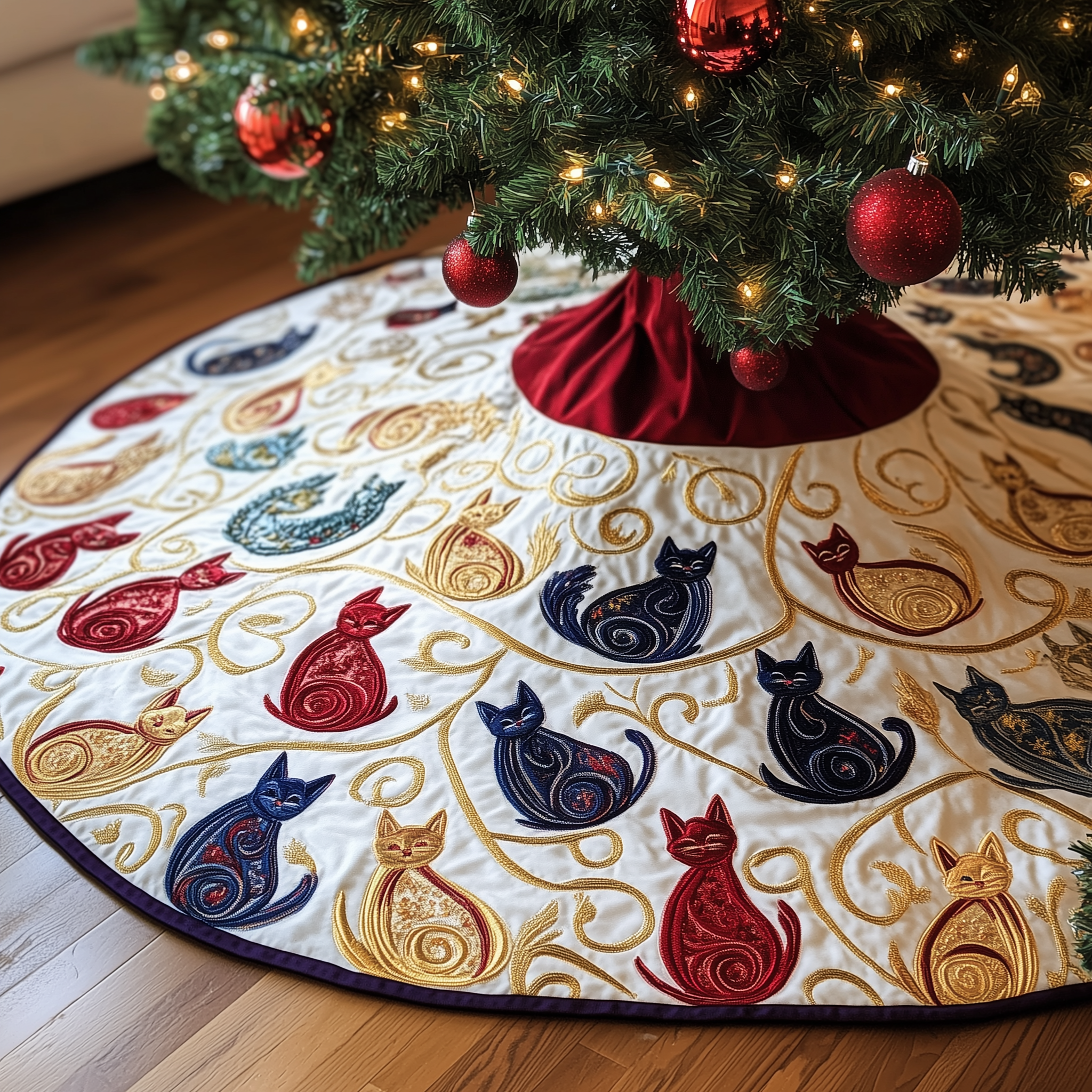 Swirl Cat Quilted Tree Skirt  Holiday Tree Skirt Xmas Decorations Cat Christmas Gifts For Her-1 Swirl Cat Quilted Tree Skirt  Holiday Tree Skirt Xmas Decorations Cat Christmas Gifts For Her-1