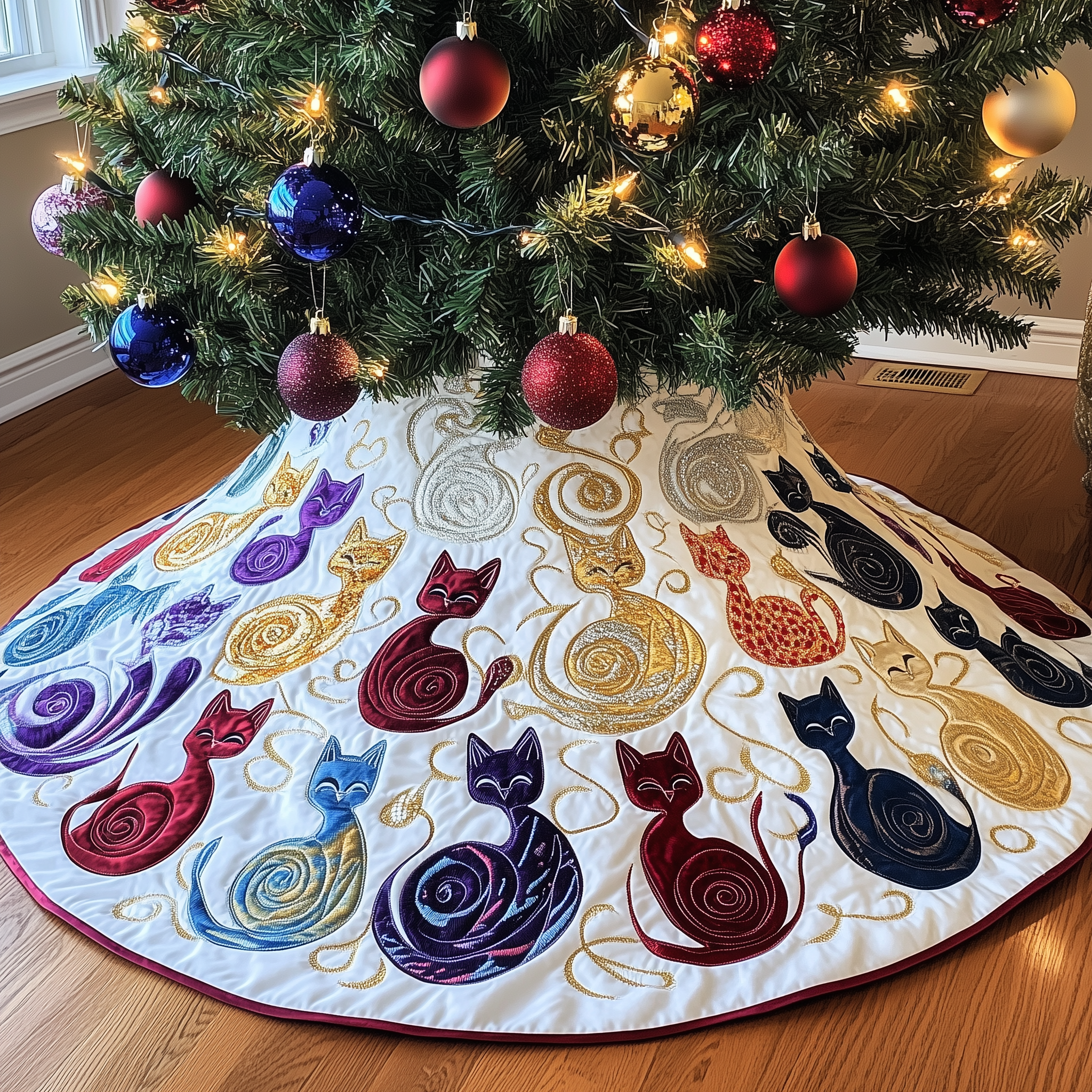Swirl Cat Quilted Tree Skirt Xmas Tree Base Cover Decorations Cat Owner Gifts For Christmas-1 Swirl Cat Quilted Tree Skirt Xmas Tree Base Cover Decorations Cat Owner Gifts For Christmas-1