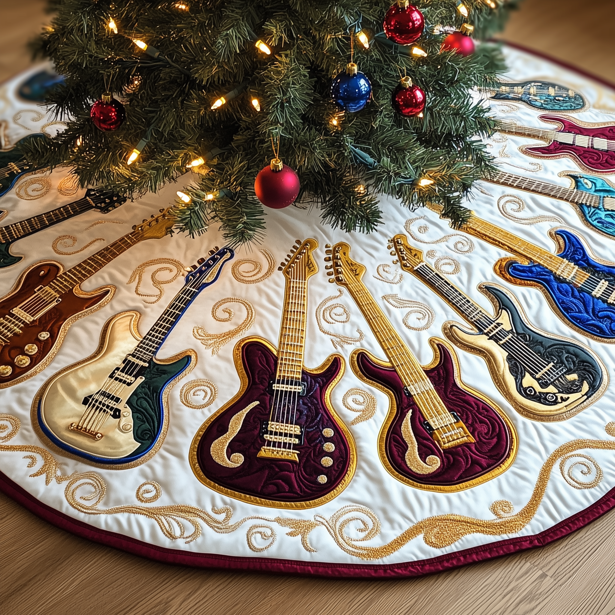 Swirls Guitar Quilted Tree Skirt Best Tree Skirts Indoor Decorations Christmas Gift For Guitar Teacher-1