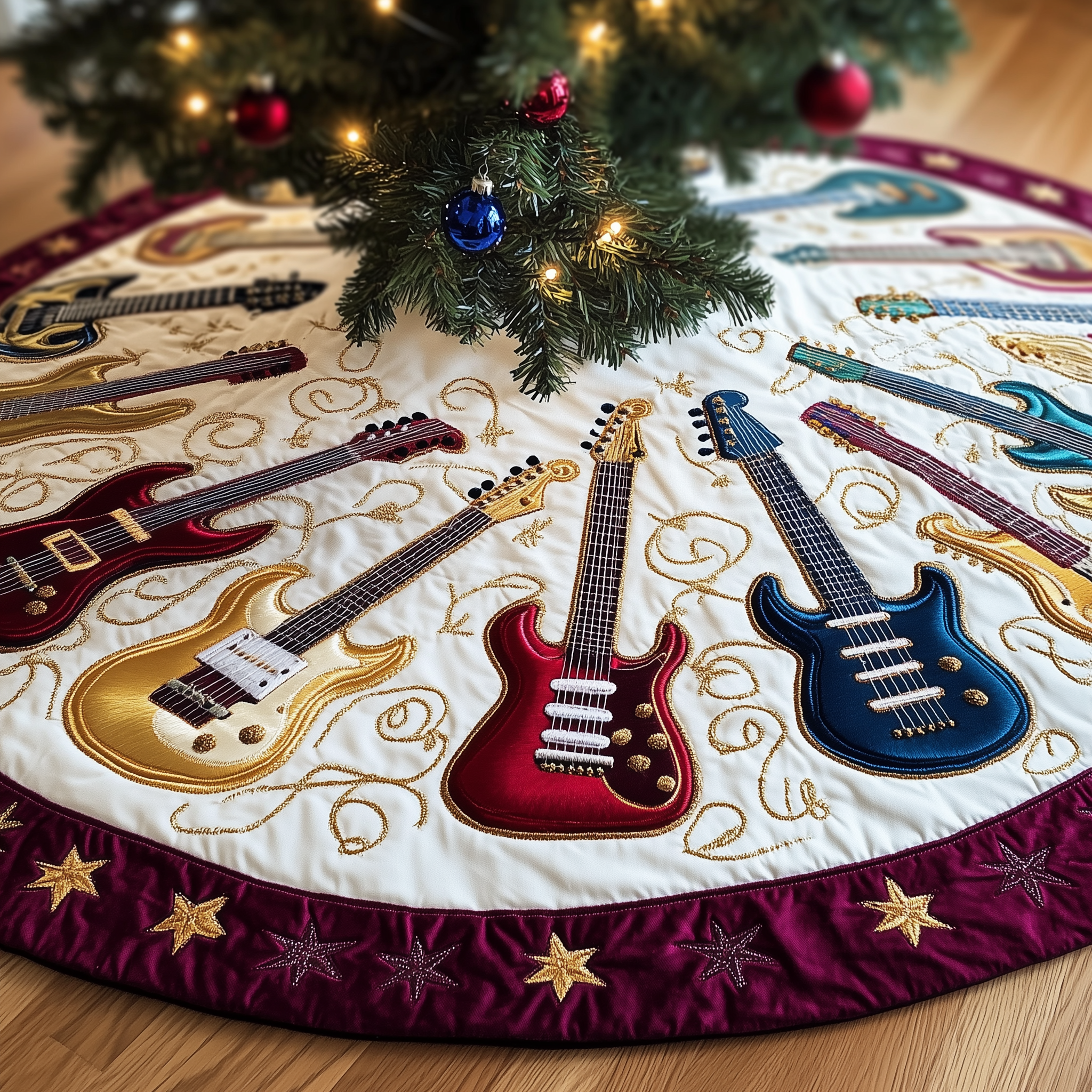 Swirls Guitar Quilted Tree Skirt Holiday Tree Skirt Xmas Decorations Best Christmas Gifts For Guitar Players-1 Swirls Guitar Quilted Tree Skirt Holiday Tree Skirt Xmas Decorations Best Christmas Gifts For Guitar Players-1
